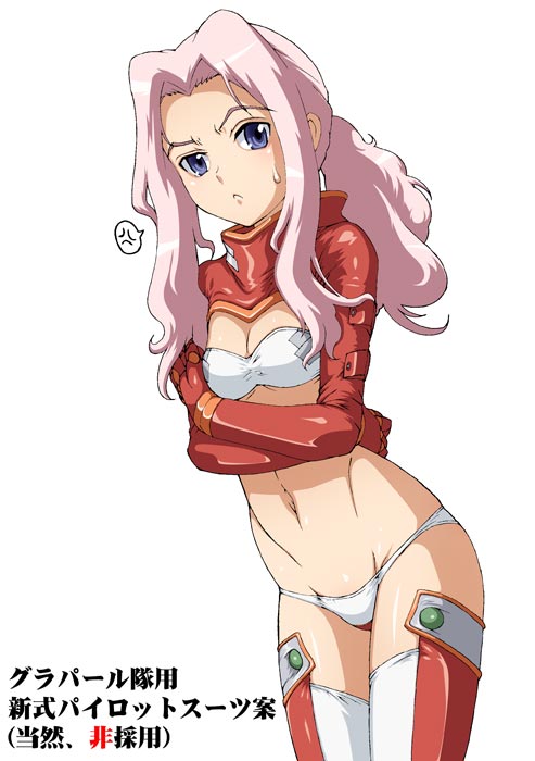 caryo, tabigarasu, darry adai, tengen toppa gurren lagann, 00s, 1girl, bodysuit, breasts, cleavage, crossed arms, female focus, long hair, lowleg, lowleg panties, medium breasts, panties, pink hair, ponytail, purple eyes, solo, sweatdrop, thighhighs, underwear