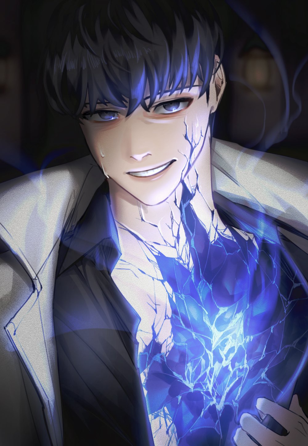 guding nut, kim dokja, omniscient reader's viewpoint, highres, 1boy, bags under eyes, black eyes, black hair, black shirt, blood, blue blood, coat, colored veins, cracked skin, glowing, head tilt, hole in chest, hole on body, looking at viewer, male focus, open clothes, open coat, open shirt, popped collar, shirt, smirk, solo, sweat, undressing, upper body, white coat