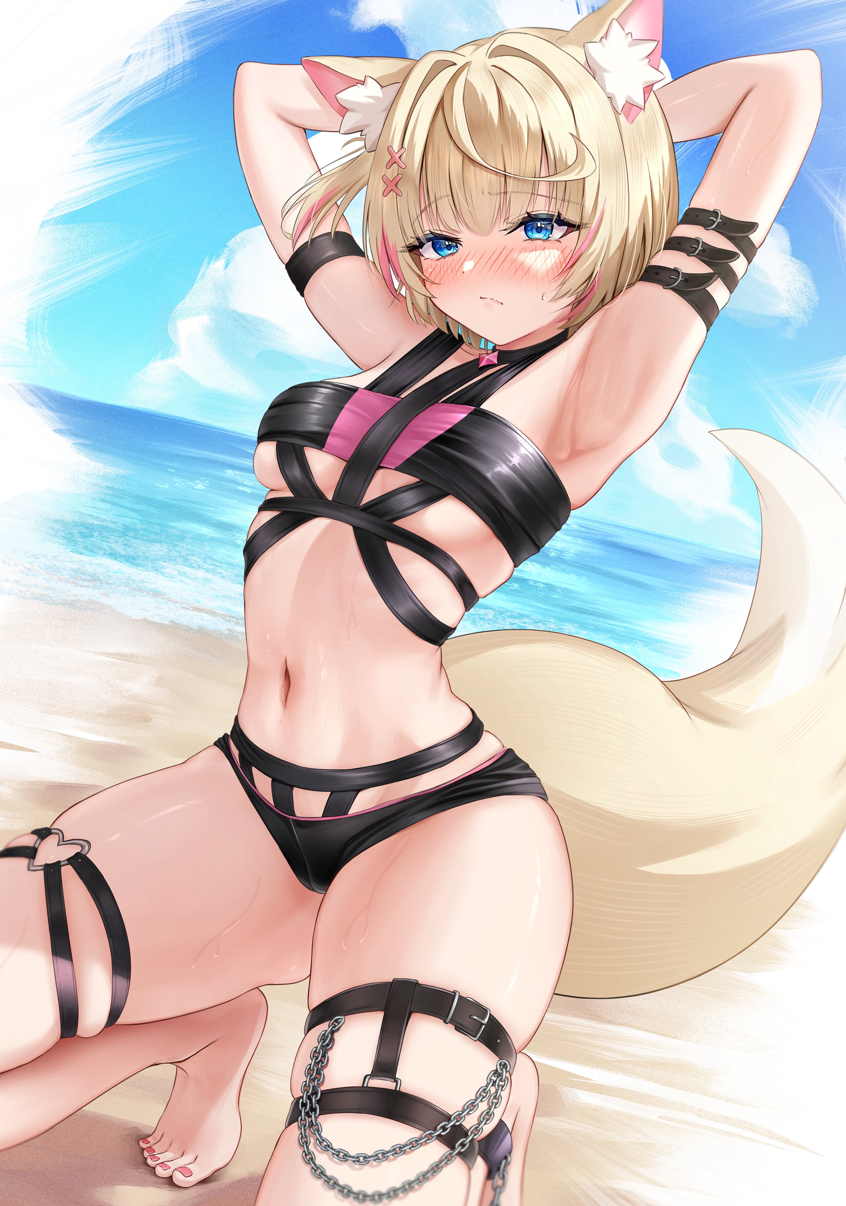 takotakochan 1006, mococo abyssgard, mococo abyssgard (holonatsu paradise), hololive, hololive english, absurdres, highres, 1girl, animal ears, arm strap, armpits, arms up, beach, bikini, black bikini, blonde hair, blue eyes, blue sky, blush, breasts, dog ears, dog girl, dog tail, hair ornament, navel, ocean, official alternate costume, pink streaks, sand, sky, small breasts, solo, sweat, swimsuit, tail, thigh strap, virtual youtuber, x hair ornament