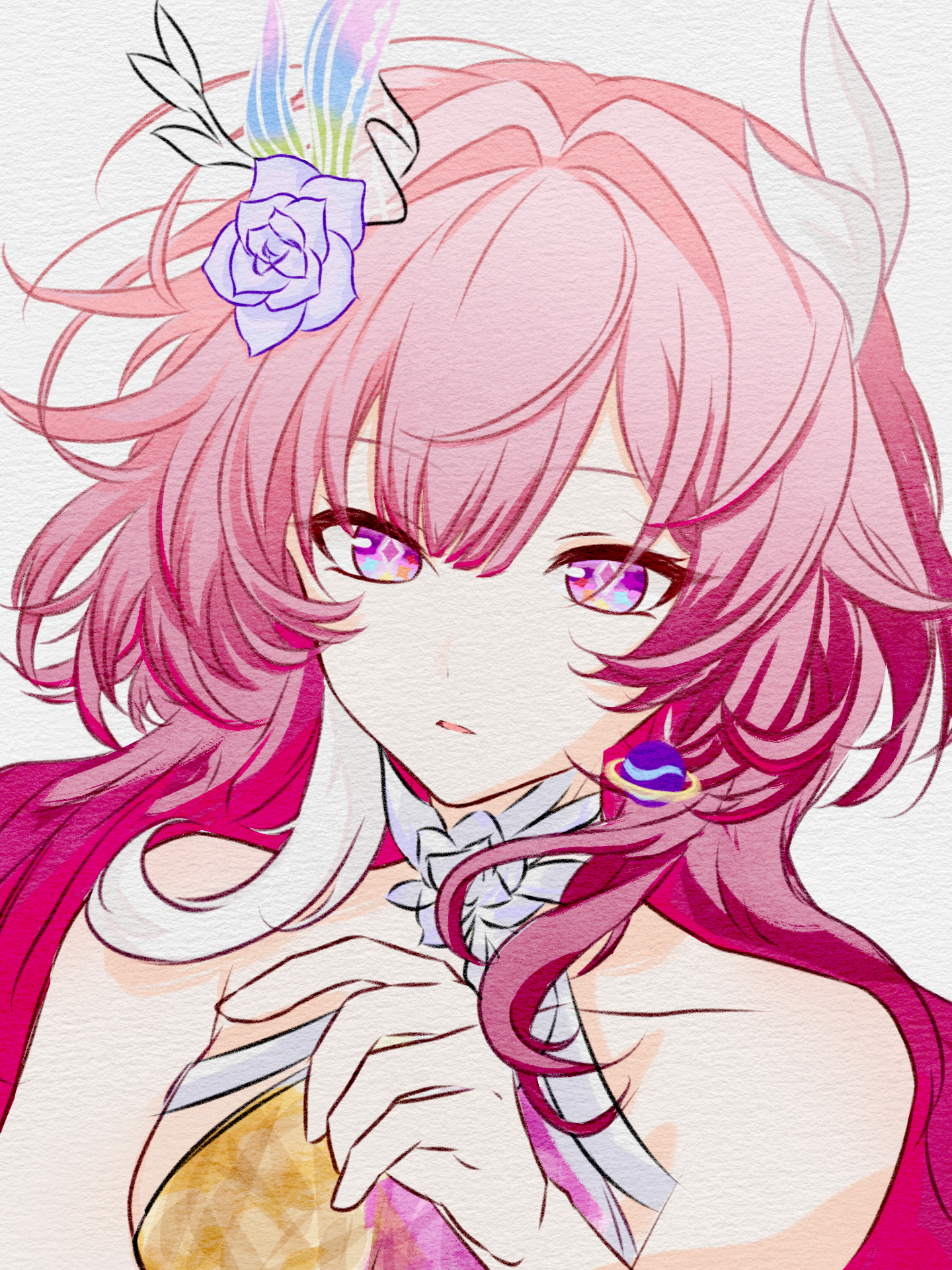 cyrene (honkai: star rail), cyrene (ripples of past reverie) (honkai: star rail), honkai: star rail, honkai (series), chinese commentary, commentary request, highres, 1girl, bare shoulders, diamond-shaped pupils, diamond (shape), dress, earrings, flower, hair flower, hair ornament, jewelry, long hair, multicolored hair, parted lips, pink hair, purple eyes, simple background, solo, symbol-shaped pupils, two-tone hair, upper body, very long hair, white background, white dress, white hair, wuhuangwanhui