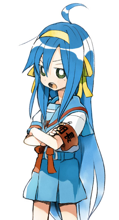 ikeda keisuke, hirano aya, izumi konata, suzumiya haruhi, lucky star, suzumiya haruhi no yuuutsu, 1girl, armband, cosplay, crossover, female focus, mole, mole under eye, school uniform, serafuku, solo, suzumiya haruhi (cosplay), voice actor connection