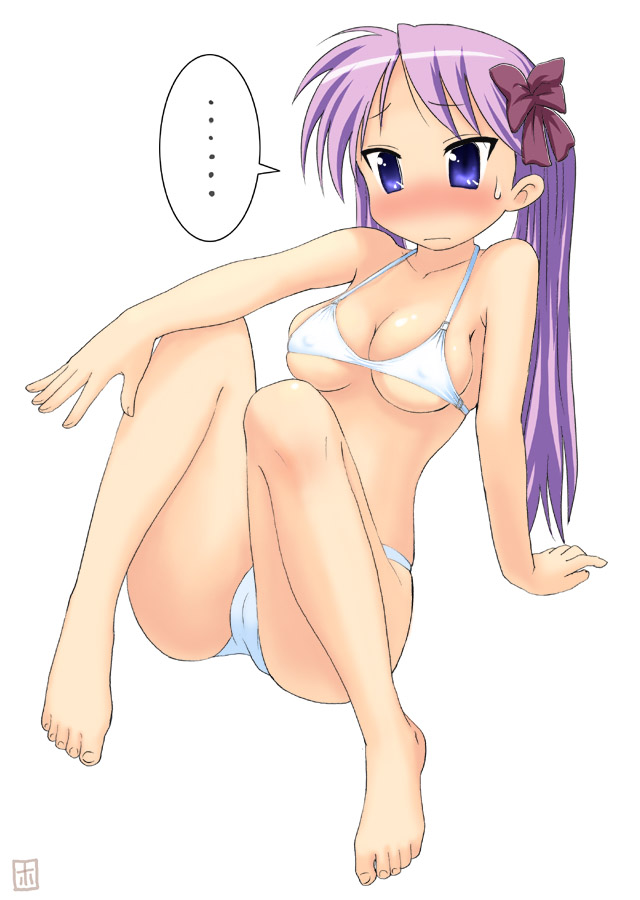 homunculus (alchemynote), hiiragi kagami, lucky star, …, 00s, 1girl, arm support, barefoot, bikini, blue eyes, blush, bow, breasts, cameltoe, cleavage, collarbone, covered erect nipples, feet, female focus, full body, hair bow, long hair, medium breasts, purple hair, simple background, sitting, solo, spoken ellipsis, sweat, sweatdrop, swimsuit, toes, tsurime, twintails, underboob, white background, white bikini