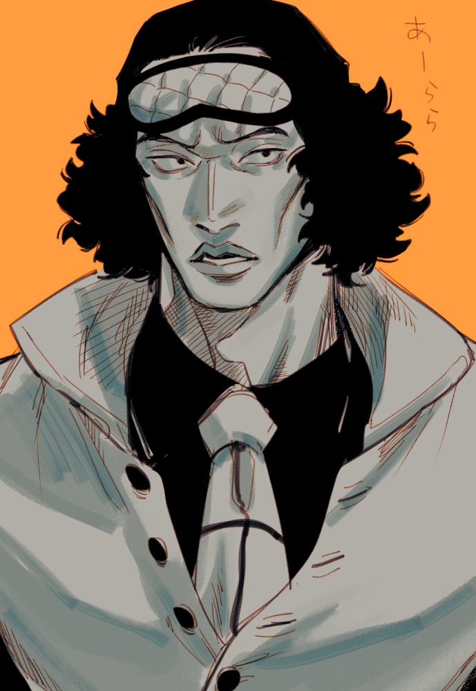 chanko neru, aokiji (one piece), one piece, commentary request, 1boy, greyscale with colored background, looking to the side, male focus, medium hair, necktie, open mouth, orange background, simple background, solo, unworn blindfold, upper body, vest