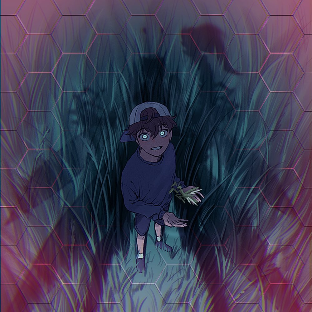 guding nut, lee gilyoung, omniscient reader's viewpoint, 1boy, :d, backwards hat, blue shirt, blue shorts, brown hair, bug, creature, from above, full body, glowing, glowing eyes, grass, green eyes, hat, hexagon, holding bug, in shadow, looking up, male focus, monster, open mouth, outstretched hand, pov, praying mantis, shadow, shirt, short hair, shorts, smile, socks, solo, standing, tall grass, white socks