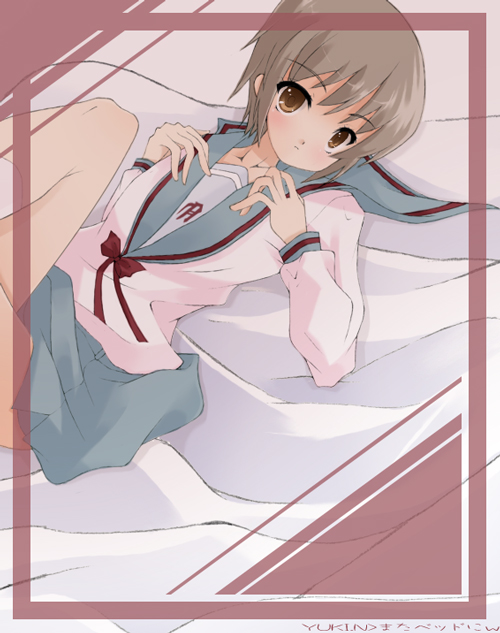 noi (noi 2y), nagato yuki, suzumiya haruhi no yuuutsu, eyebrows, framed, silver hair, 00s, 1girl, blue skirt, blush, border, bow, brown eyes, brown hair, character name, closed mouth, female focus, long sleeves, looking at viewer, lying, on back, on bed, red bow, red ribbon, ribbon, school uniform, serafuku, short hair, skirt, solo, yellow eyes