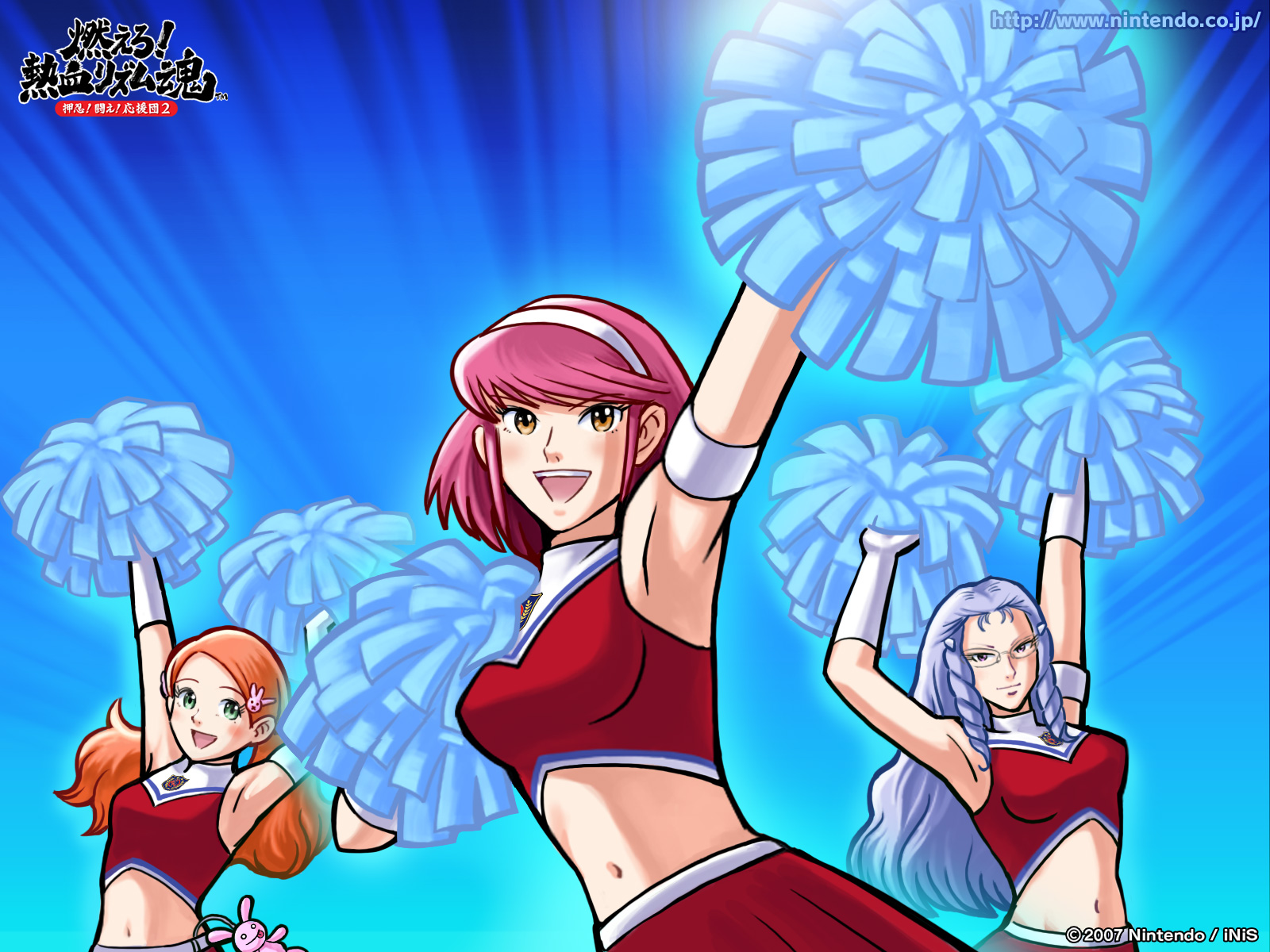 kawai honoka, kawai honoka (ouendan), minazuki reika, shirosaki rin, osu! tatakae! ouendan, osu! tatakae! ouendan 2, highres, official art, official wallpaper, 3girls, armband, armpits, blue hair, cheerleader, drill hair, elbow gloves, foreshortening, glasses, gloves, green eyes, hair ornament, hairband, hairpin, long hair, midriff, multiple girls, ouendan, ouendan 2, pink hair, pom pom (cheerleading), rabbit hair ornament, red hair, short hair, sleeveless, sleeveless turtleneck, smile, stuffed animal, stuffed rabbit, stuffed toy, turtleneck, twintails, yellow eyes