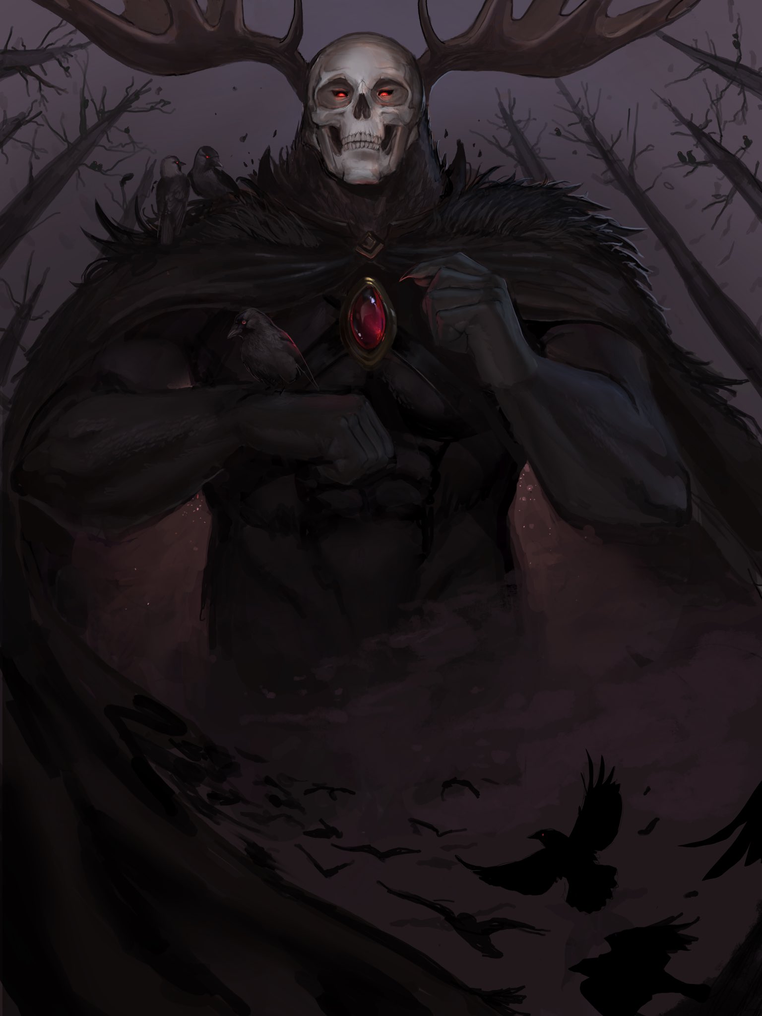 little misfortune, commentary, english commentary, highres, 1other, animal, animal on shoulder, antlers, bare tree, bird, bird on hand, bird on shoulder, brooch, clenched hand, crow, dark, deftnm, full body, glowing, glowing eyes, horns, jewelry, looking at viewer, morgo, perspective, red eyes, skull, toned, too many, too many birds, tree, upper body