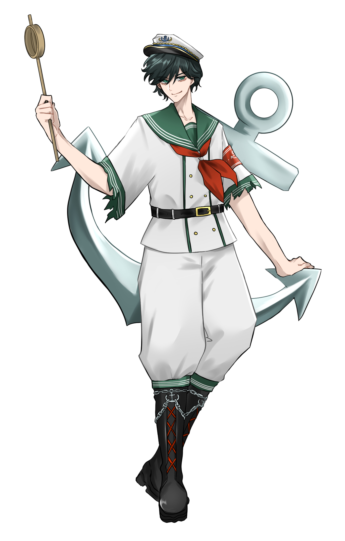 nap muntarou, murasa minamitsu, touhou, commentary request, highres, 1boy, anchor, armband, black boots, black hair, boots, closed mouth, full body, genderswap, genderswap (ftm), green eyes, green sailor collar, hat, hishaku, holding, holding anchor, looking at viewer, male focus, neckerchief, pants, peaked cap, red neckerchief, sailor, sailor collar, sailor hat, shirt, short hair, simple background, smile, solo, standing, white background, white pants, white shirt