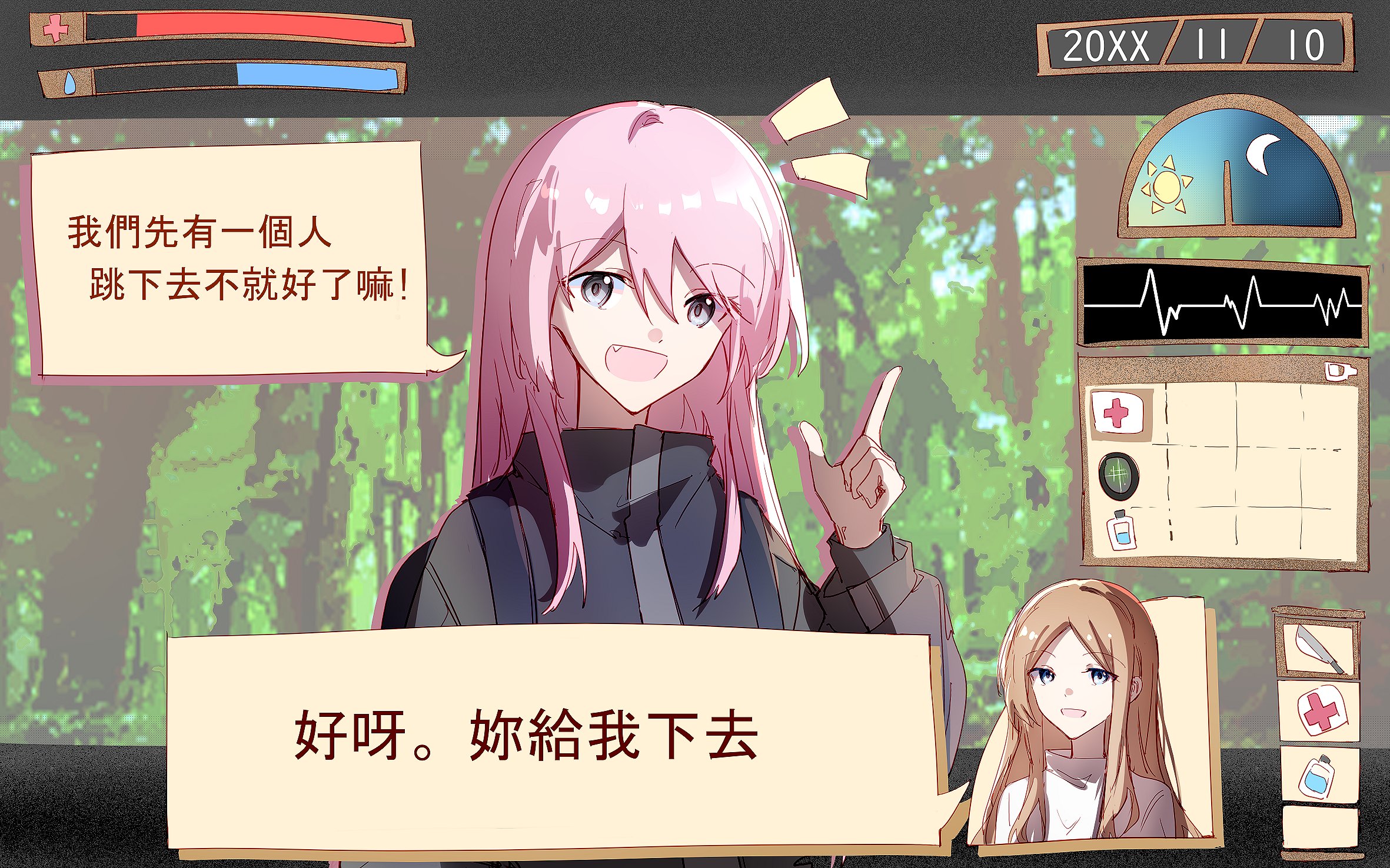 hibioes, chihaya anon, nagasaki soyo, bang dream!, bang dream! it's mygo!!!!!, highres, translation request, 2girls, black jacket, brown hair, chinese text, fake screenshot, fang, grey eyes, hair between eyes, health bar, index finger raised, jacket, long hair, multiple girls, open mouth, pink hair, sidelocks