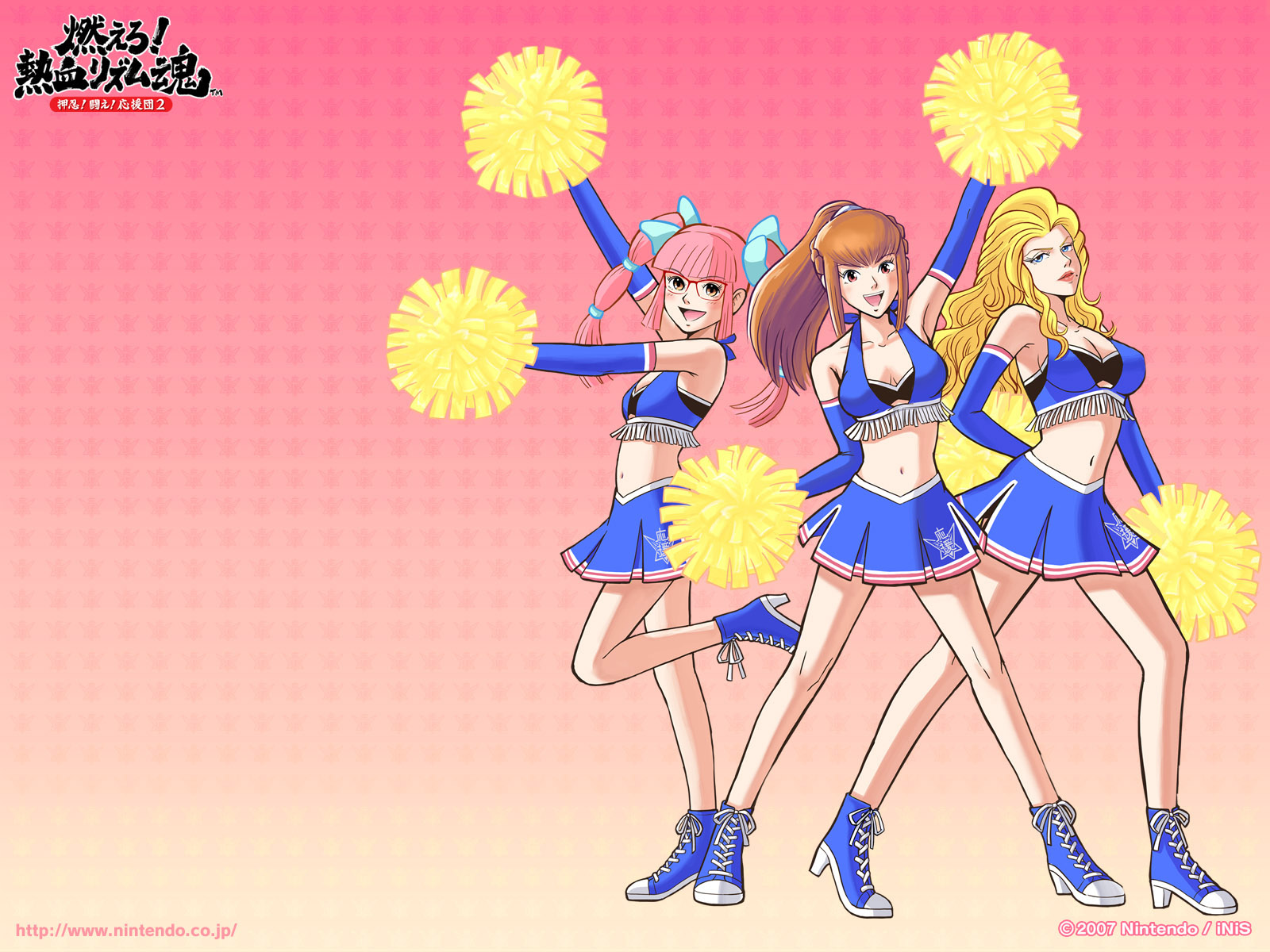 amemiya sayaka, anna lindhurst, kanda aoi, osu! tatakae! ouendan, osu! tatakae! ouendan 2, highres, official art, official wallpaper, 3girls, blonde hair, breasts, brown hair, cheerleader, cleavage, elbow gloves, gloves, hair ribbon, midriff, multiple girls, ouendan, ouendan 2, pink hair, pom pom (cheerleading), ponytail, ribbon, skirt, smile, twintails