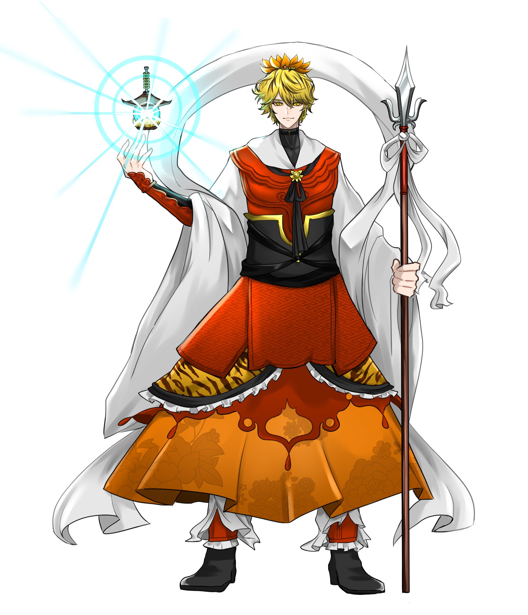 nap muntarou, toramaru shou, touhou, commentary request, highres, 1boy, bishamonten's pagoda, bishamonten's spear, black boots, black ribbon, black sash, blonde hair, boots, closed mouth, full body, genderswap, genderswap (ftm), hagoromo, hair ornament, long sleeves, looking at viewer, male focus, neck ribbon, orange skirt, orange vest, pants, ribbon, sash, scarf, shawl, shirt, short hair, simple background, skirt, smile, solo, vest, white background, white pants, white scarf, white shirt, wide sleeves, yellow eyes