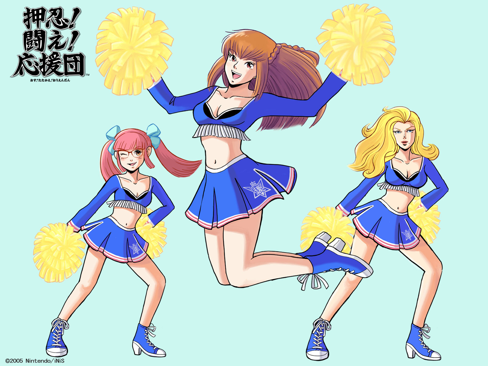 amemiya sayaka, anna lindhurst, kanda aoi, osu! tatakae! ouendan, highres, official art, official wallpaper, 3girls, blonde hair, braid, breasts, brown hair, cheerleader, cleavage, glasses, hair ribbon, long hair, medium breasts, midriff, multiple girls, one eye closed, ouendan, pink hair, pom pom (cheerleading), ribbon, skirt, smile, twintails, wink
