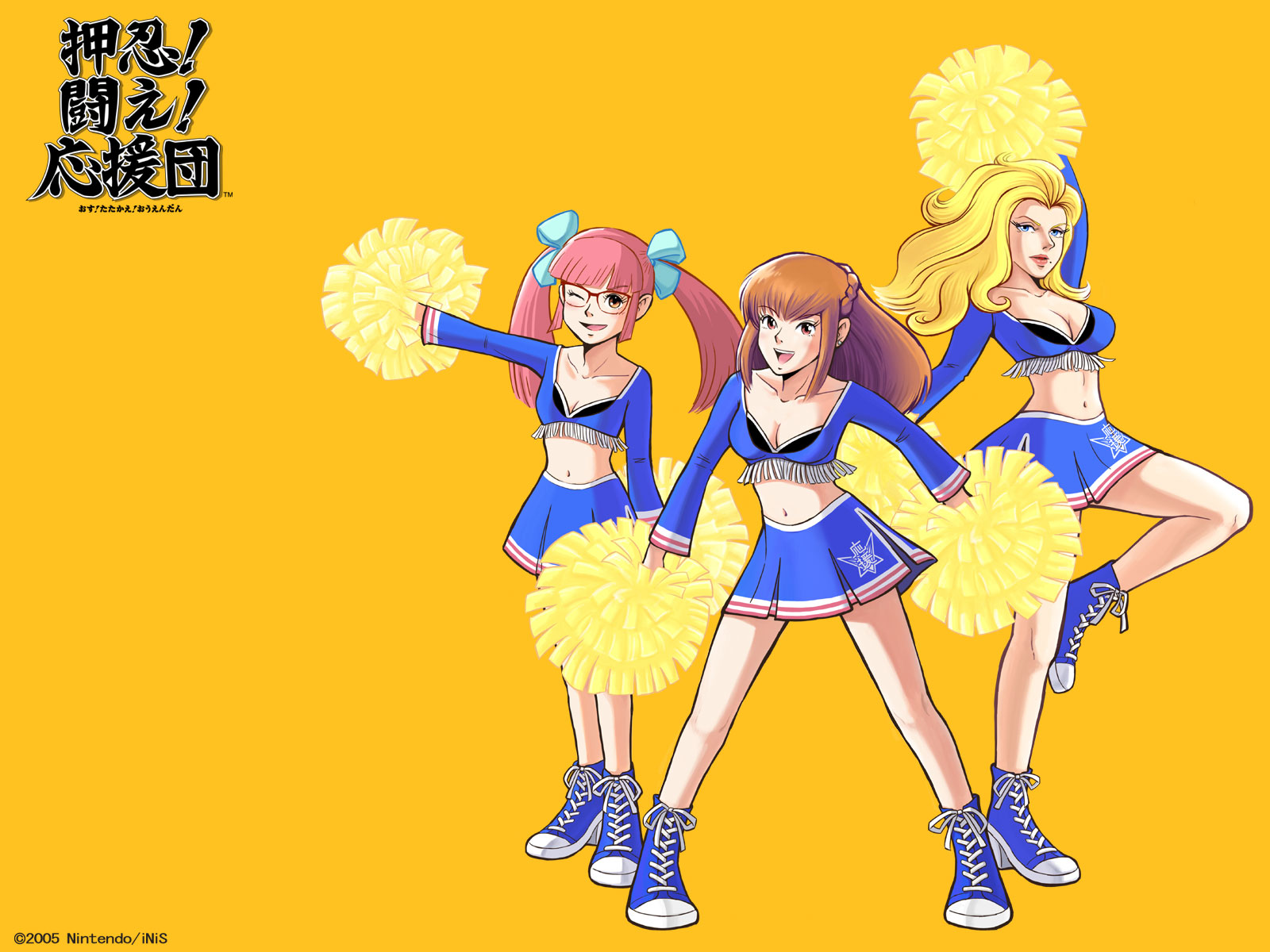 amemiya sayaka, anna lindhurst, kanda aoi, osu! tatakae! ouendan, highres, official art, official wallpaper, 3girls, blonde hair, braid, breasts, brown hair, cheerleader, cleavage, glasses, hair ribbon, long hair, medium breasts, midriff, multiple girls, one eye closed, ouendan, pink hair, pom pom (cheerleading), ribbon, skirt, smile, twintails, wink