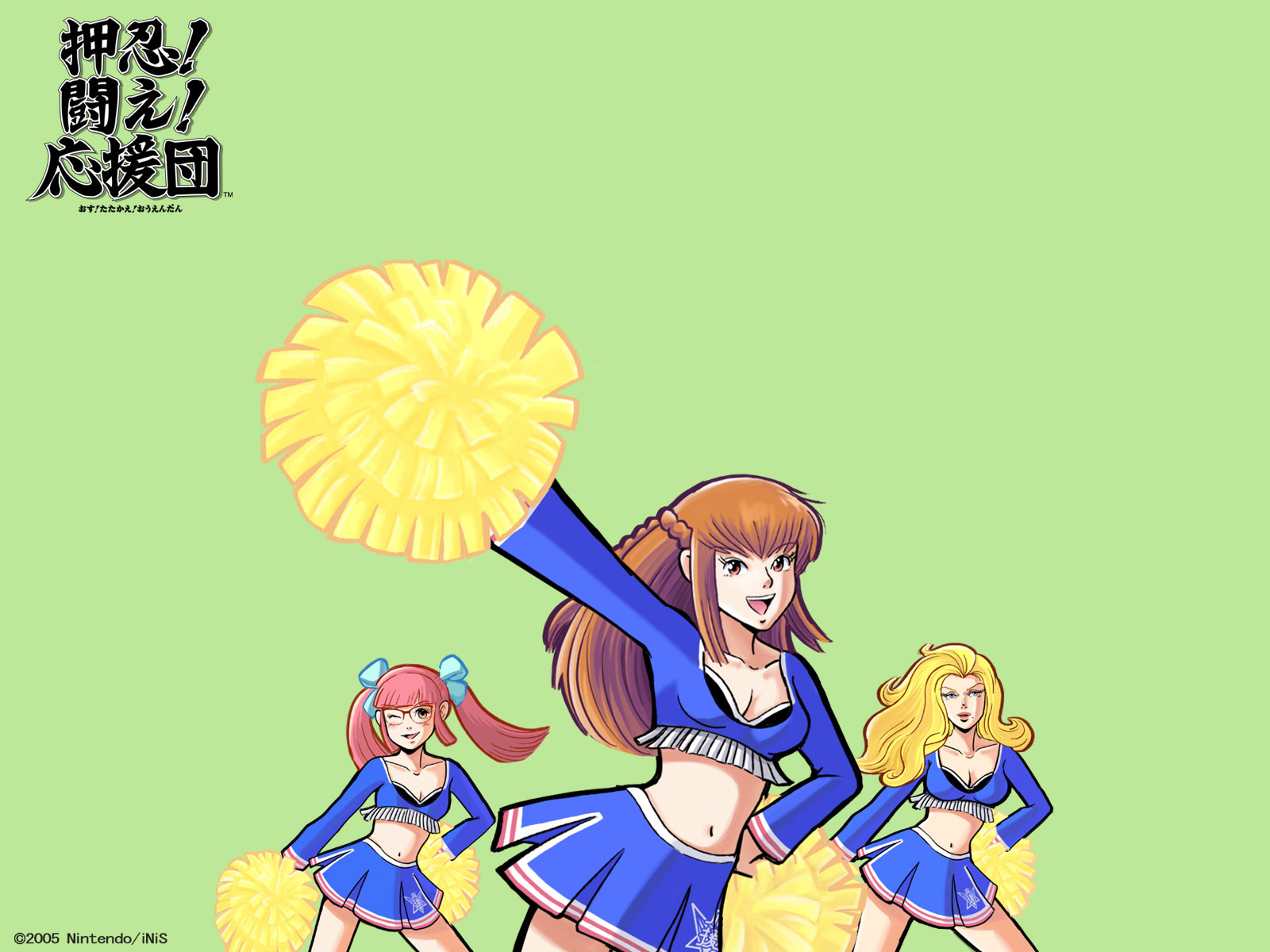 amemiya sayaka, anna lindhurst, kanda aoi, osu! tatakae! ouendan, highres, official art, official wallpaper, 3girls, blonde hair, blush, braid, breasts, brown hair, cheerleader, cleavage, glasses, hair ribbon, long hair, medium breasts, midriff, multiple girls, one eye closed, ouendan, pink hair, pom pom (cheerleading), ribbon, skirt, smile, twintails, wink