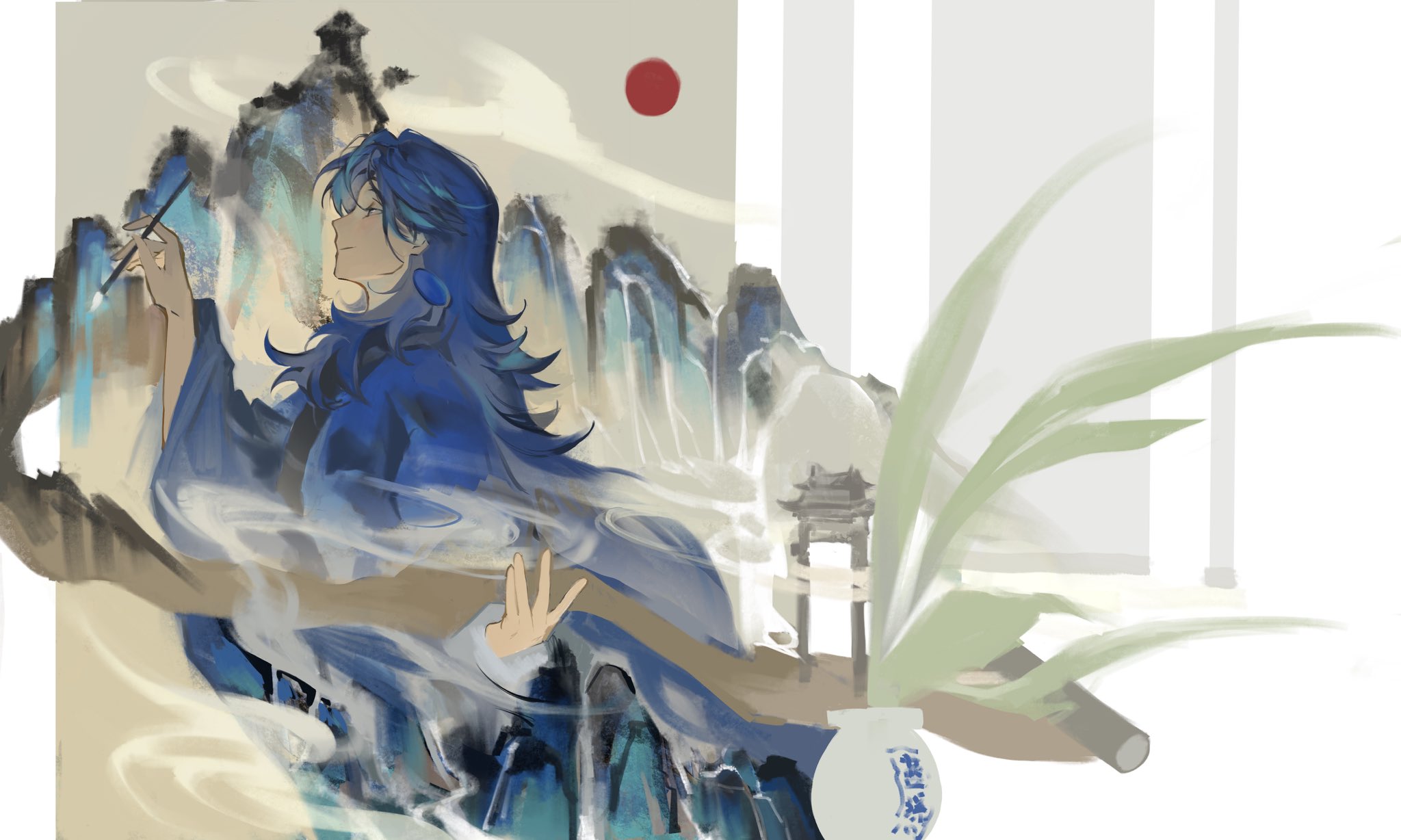 laojun (the legend of luoxiaohei), lanxi zhen, luo xiaohei zhanji, highres, 1boy, blue hair, earrings, hand up, jewelry, long hair, long sleeves, mountain, plant, potted plant, potttt zai, profile, solo, wide shot, wide sleeves