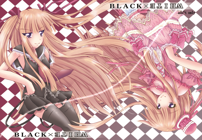 eimu, evangeline a.k. mcdowell, mahou sensei negima!, 00s, 1girl, bare shoulders, black skirt, black thighhighs, blonde hair, blunt bangs, bow, buttons, checkered background, closed mouth, content rating, dress, dual persona, female focus, frilled thigh strap, frills, garter straps, hair ribbon, hat, hat bow, long hair, looking at viewer, miniskirt, necktie, off-shoulder dress, off shoulder, pink bow, pink dress, pink hat, pleated skirt, puffy short sleeves, puffy sleeves, purple eyes, red necktie, red ribbon, ribbon, sailor collar, short sleeves, skirt, sleeveless, smile, solo, straight hair, thigh strap, thighhighs, top hat, tsurime, two side up, upper body, vampire, very long hair, white thighhighs, zettai ryouiki