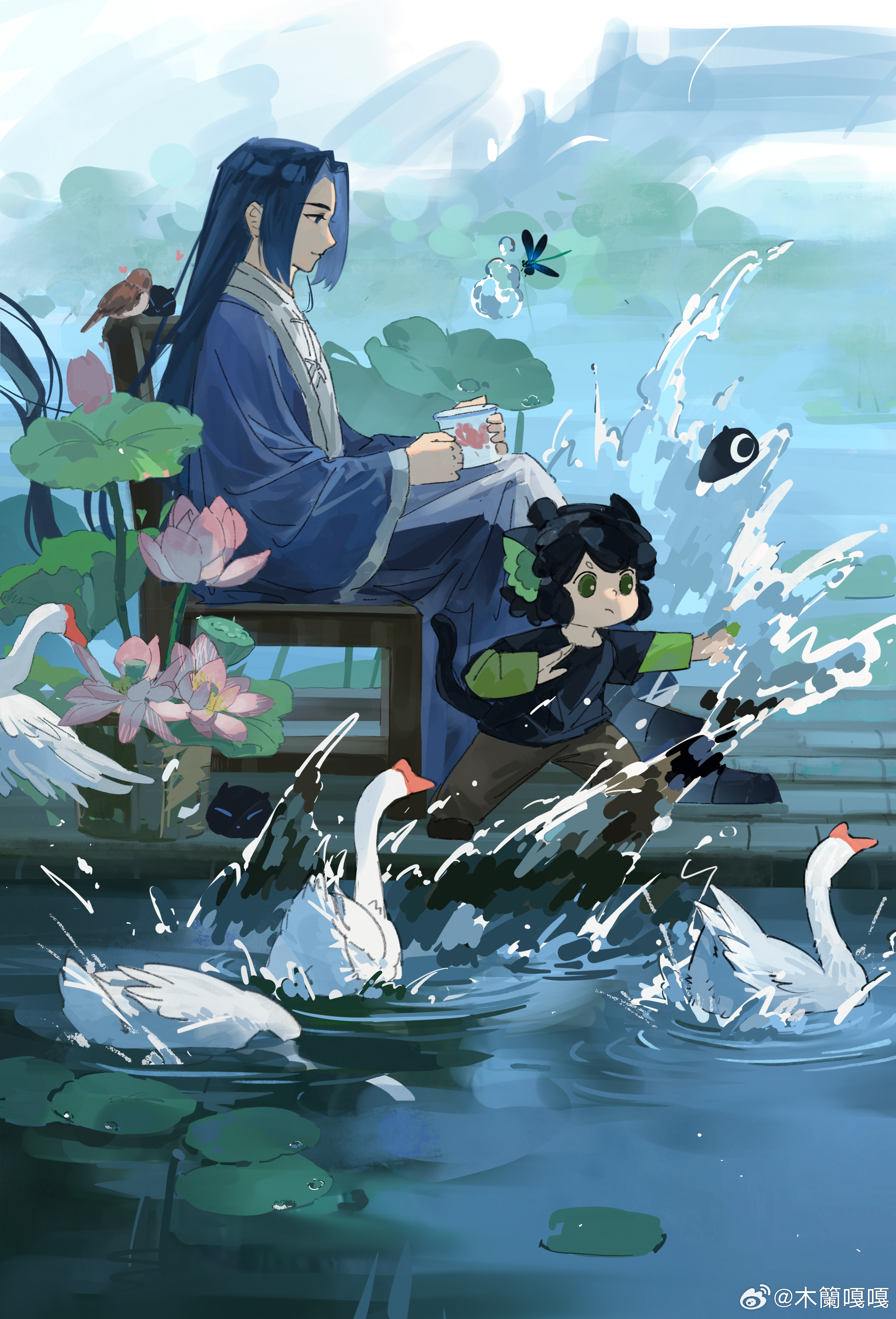 heixiu, luo xiaohei, luo xiaohei (human), wuxian (the legend of luoxiaohei), luo xiaohei zhanji, absurdres, highres, 2boys, animal ears, bird, black hair, black shirt, blue hair, brown pants, bug, butterfly, cat boy, cat ears, chair, chinese clothes, cup, flower, goose, holding, holding cup, insect, lily pad, long hair, long sleeves, multiple boys, outdoors, pants, pink flower, potttt zai, profile, raft, shirt, sitting, smile, wide sleeves