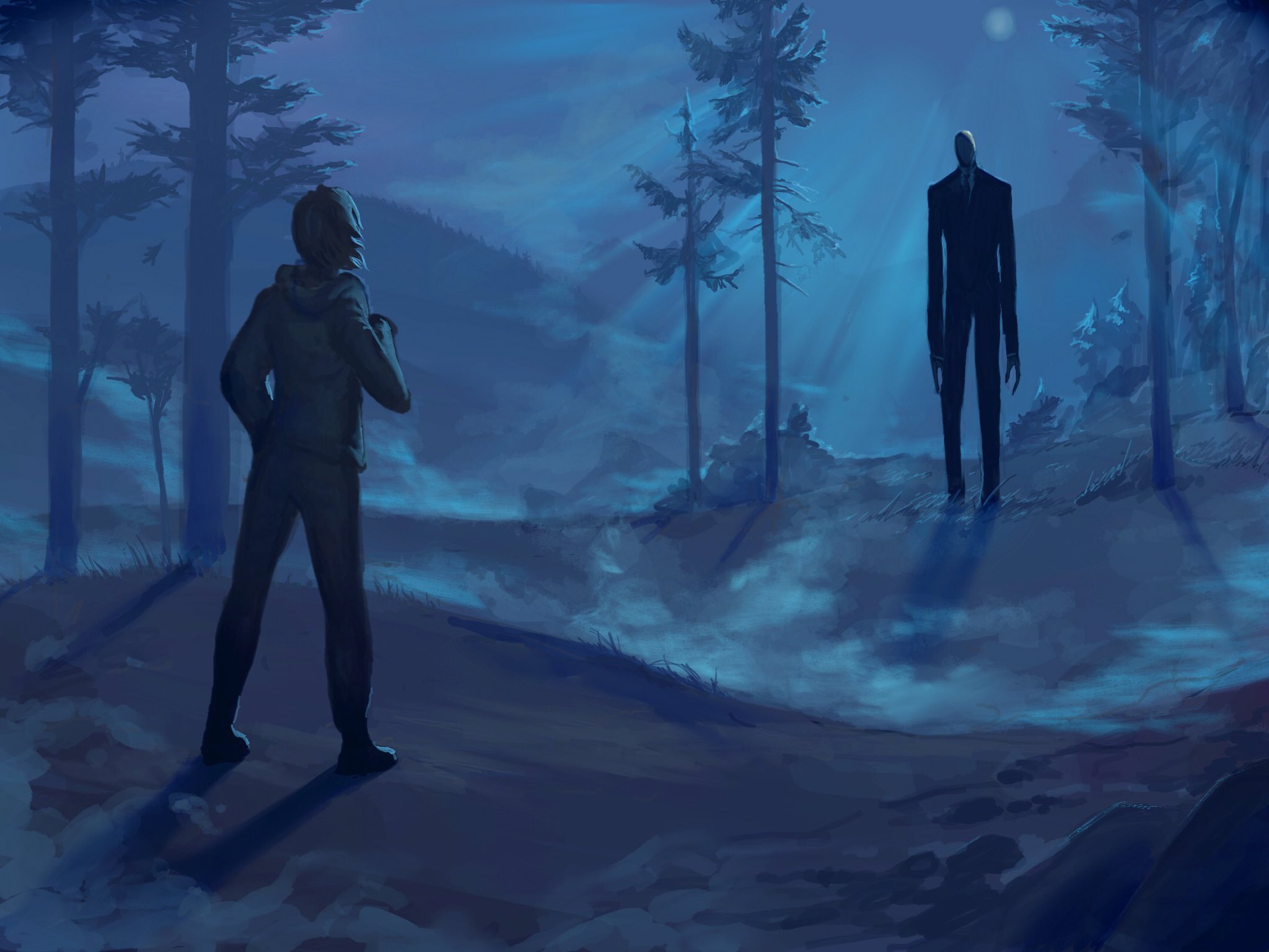 slender man, creepypasta, highres, 2others, black hair, black suit, charles matheson, deftnm, faceless, forest, formal clothes, full body, full moon, grey hoodie, hand on own hip, head tilt, hood, hoodie, horror (theme), light rays, long arms, looking at another, moon, mountainous horizon, multiple others, nature, night, short hair, standing, suit, tree
