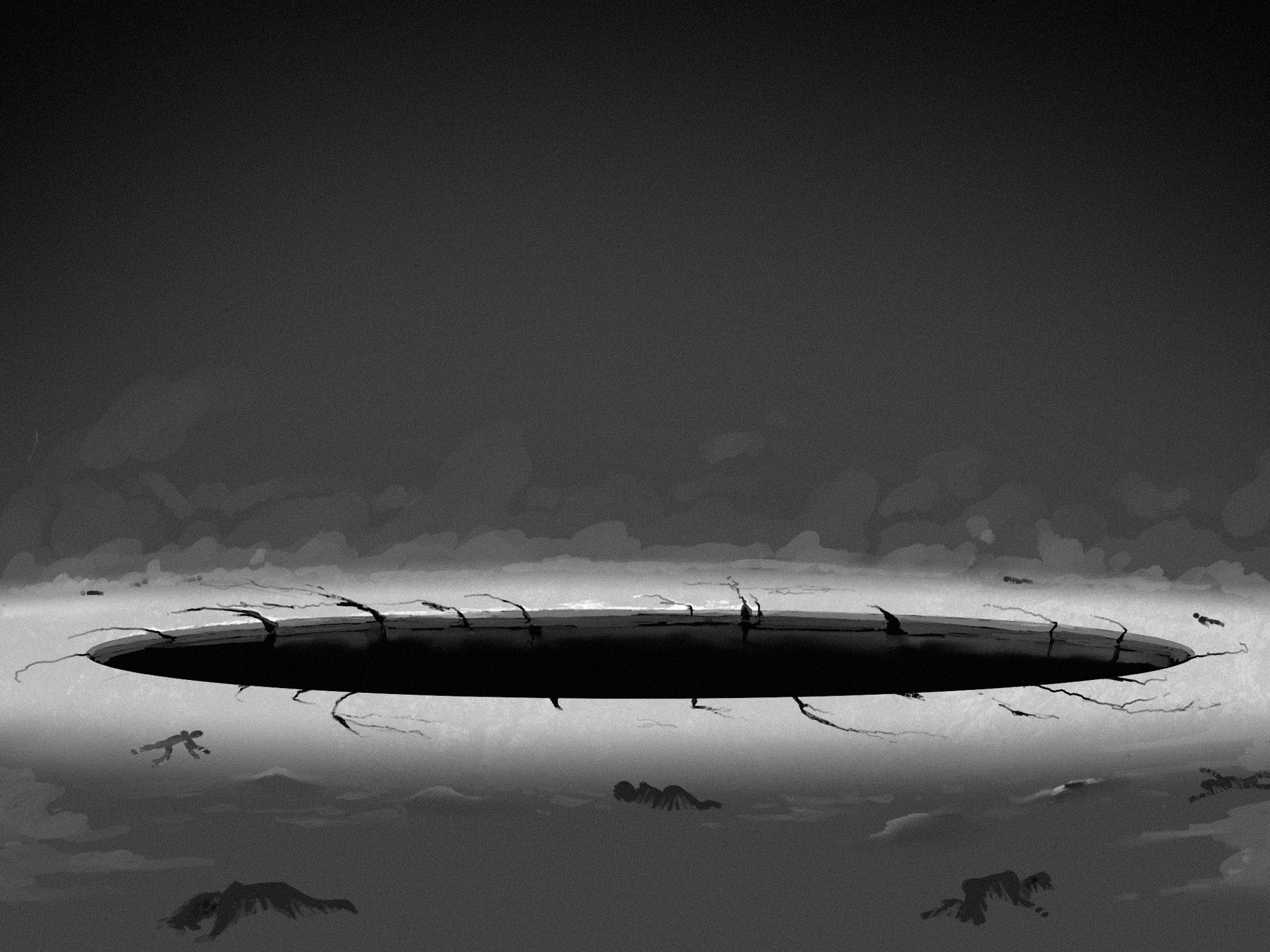 creepypasta, highres, 6+others, crack, cracked floor, crawling, deftnm, fog, greyscale, hole, horror (theme), monochrome, multiple others, no humans, on ground, people, scenery, silhouette