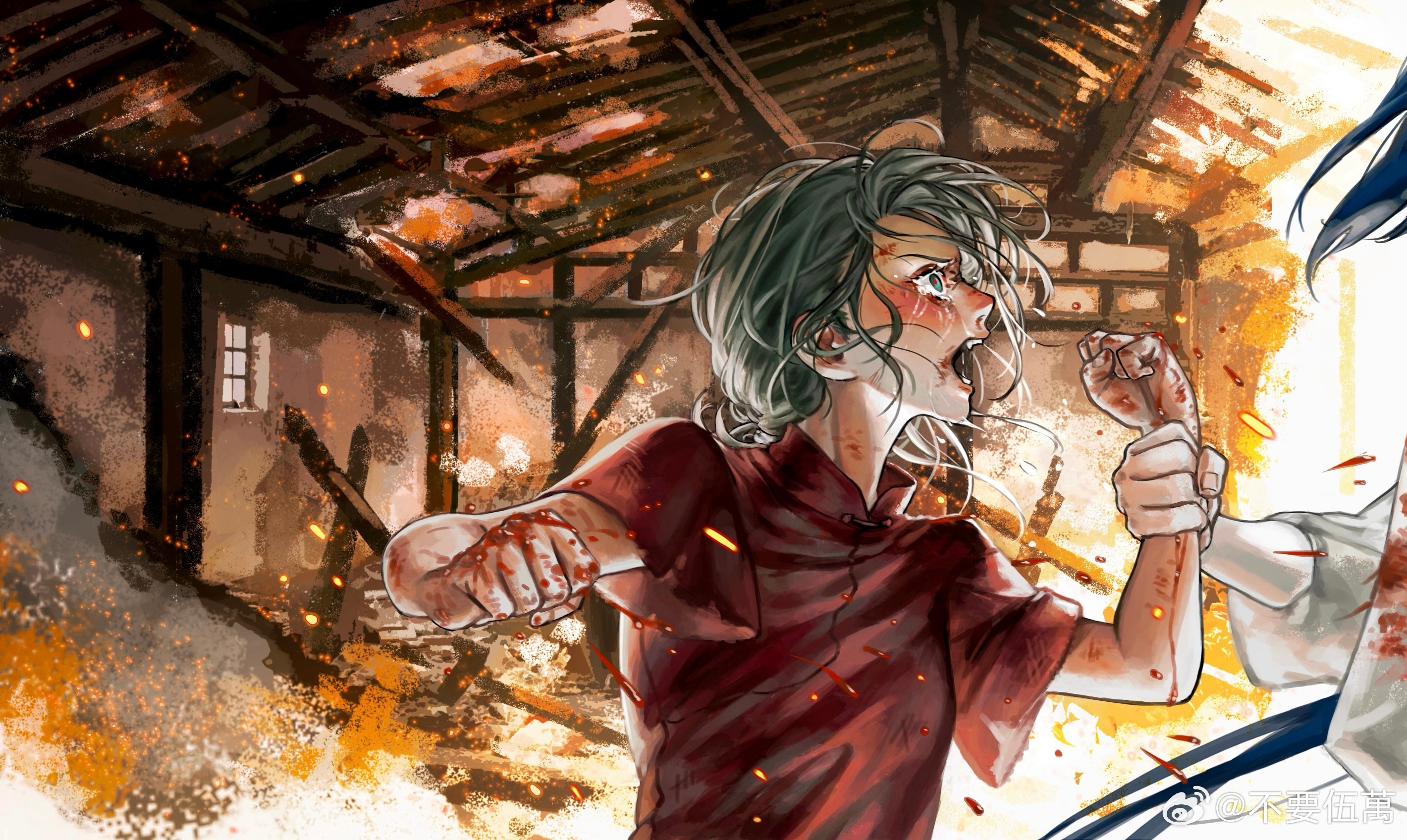 wuxian (the legend of luoxiaohei), luo xiaohei zhanji, highres, 1boy, 1girl, blood, blood on hands, blue eyes, blush, burning, burning building, fire, grey hair, indoors, luye (the legend of luoxiaohei), open mouth, profile, red shirt, shirt, short sleeves, solo focus, tears, upper body, weibo 5494783848