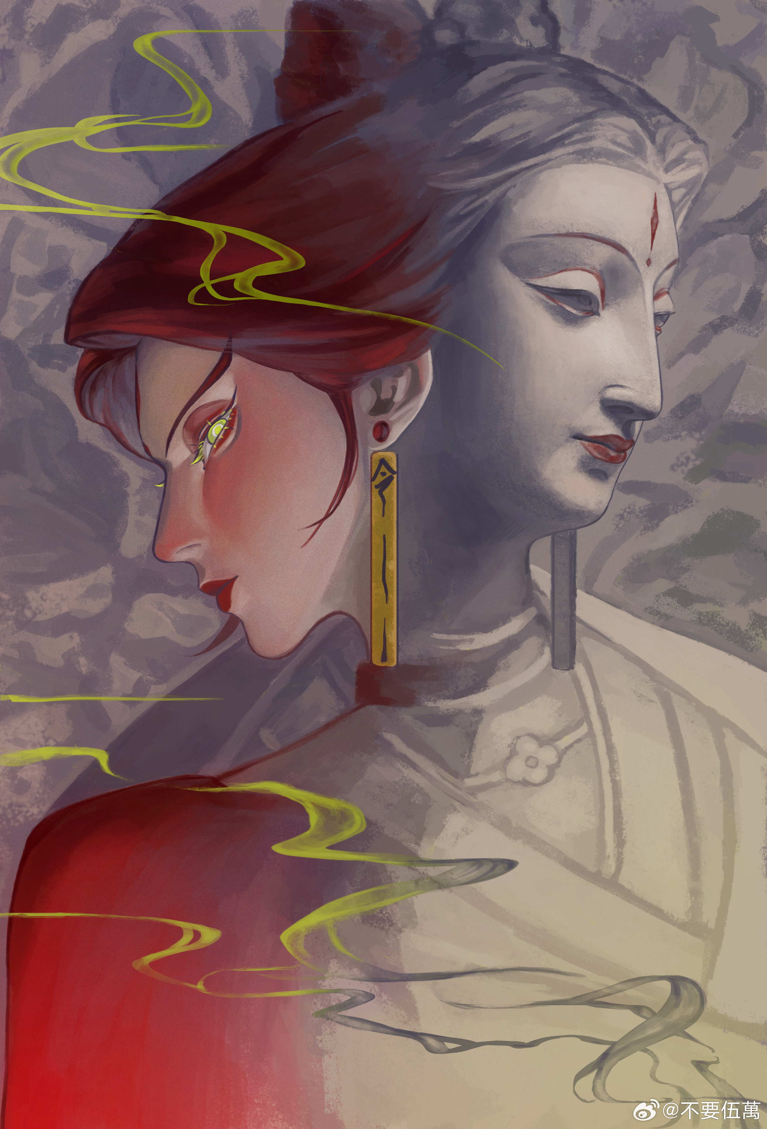 lanxi zhen, luo xiaohei zhanji, absurdres, highres, 1girl, earrings, jewelry, red hair, red lips, smoke, solo, statue, upper body, weibo 5494783848, yan ming (the legend of luoxiaohei), yellow eyes