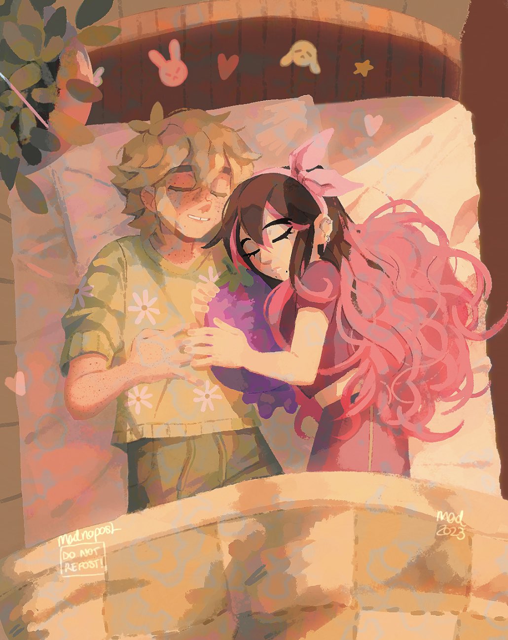 madnopost, aubrey (faraway) (omori), aubrey (omori), basil (faraway) (omori), basil (omori), mr. plantegg (omori), omori, highres, 1boy, 1girl, 2023, alternate costume, alternate hair color, artist name, black hair, blonde hair, body freckles, closed eyes, closed mouth, double-parted bangs, ear piercing, freckles, green shorts, hairband, holding, holding stuffed toy, indoors, long hair, mole, mole under mouth, multicolored hair, parted lips, piercing, pink hair, pink hairband, short hair, short sleeves, shorts, sidelocks, sleeping, smile, stuffed eggplant, stuffed toy, tooth gap