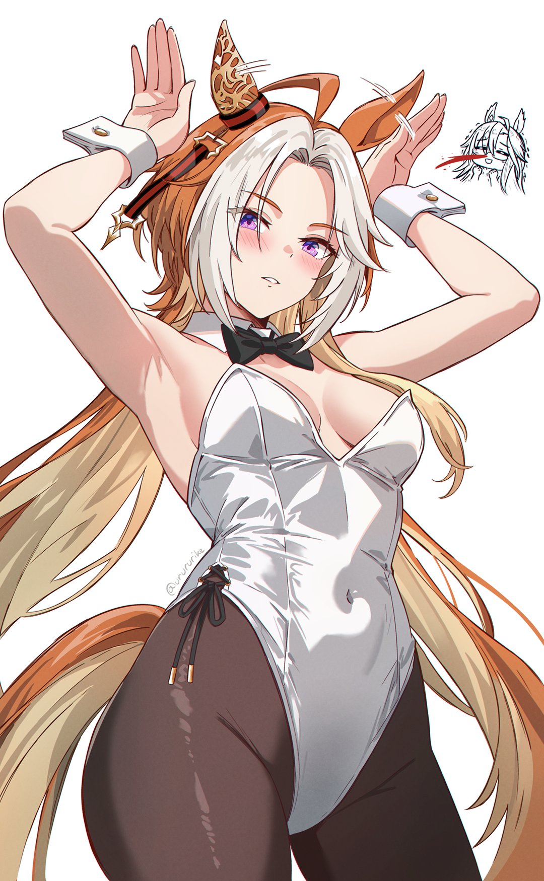 dream journey (umamusume), orfevre (umamusume), umamusume, highres, 2girls, ahoge, animal ears, armpits, blood, bow, bowtie, breasts, brown pantyhose, covered navel, detached collar, ear covers, ear ornament, horse ears, horse girl, horse tail, leotard, medium breasts, multicolored hair, multicolored tail, multiple girls, nosebleed, orange hair, pantyhose, playboy bunny, purple eyes, single ear cover, strapless, strapless leotard, tail, urururike, white hair, white leotard, wrist cuffs
