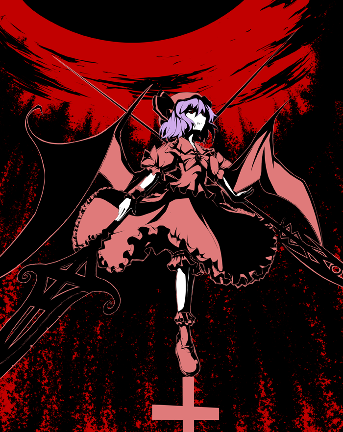 takahero, remilia scarlet, touhou, 1girl, bat wings, cross, dual wielding, female focus, hat, holding, purple hair, red eyes, ribbon, short hair, solo, spear the gungnir, weapon, wings