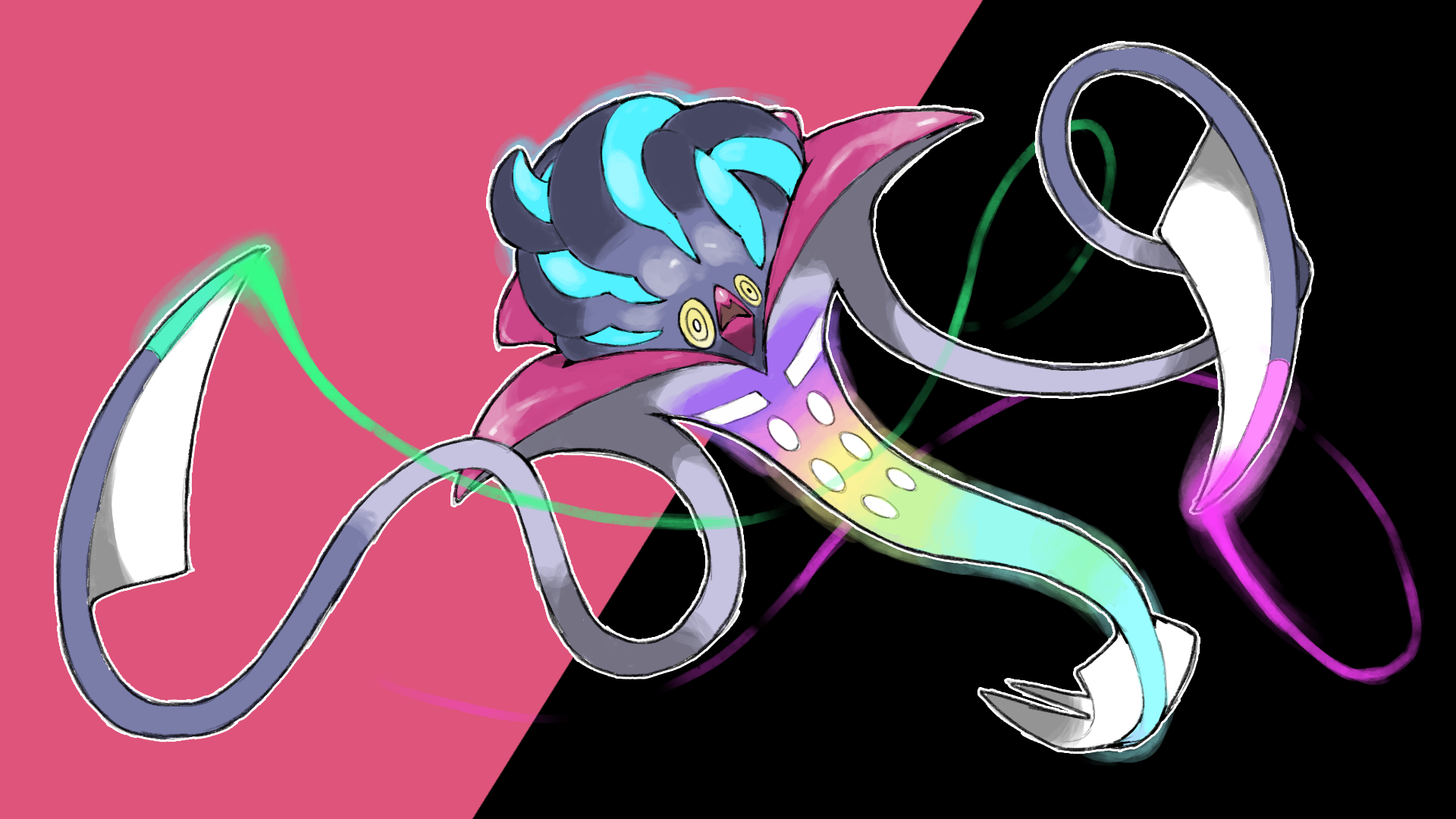 blacknirrow, malamar, mega malamar, nintendo, pokemon, commentary, english commentary, highres, full body, gen 6 pokemon, light trail, mega pokemon, no humans, open mouth, outline, pokemon (creature), pokemon focus, ringed eyes, simple background, solo, tentacles, two-tone background, white outline