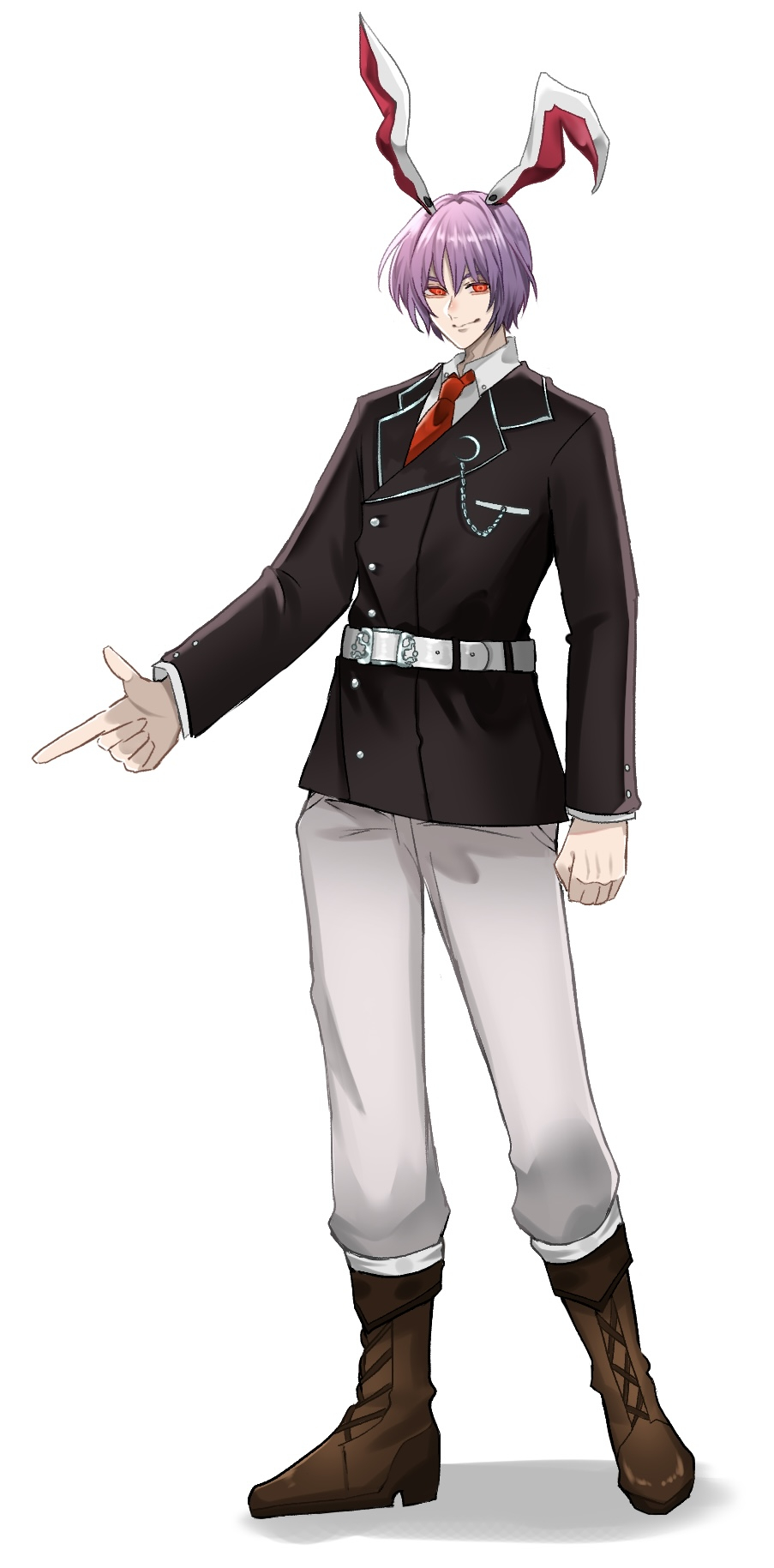 nap muntarou, reisen udongein inaba, touhou, commentary request, highres, 1boy, animal ears, belt, black jacket, blazer, boots, brown boots, closed mouth, collared shirt, crescent, crescent pin, finger gun, full body, genderswap, genderswap (ftm), jacket, long sleeves, looking at viewer, male focus, necktie, pants, purple hair, rabbit boy, rabbit ears, red eyes, red necktie, shirt, short hair, simple background, smile, solo, white background, white belt, white pants, white shirt