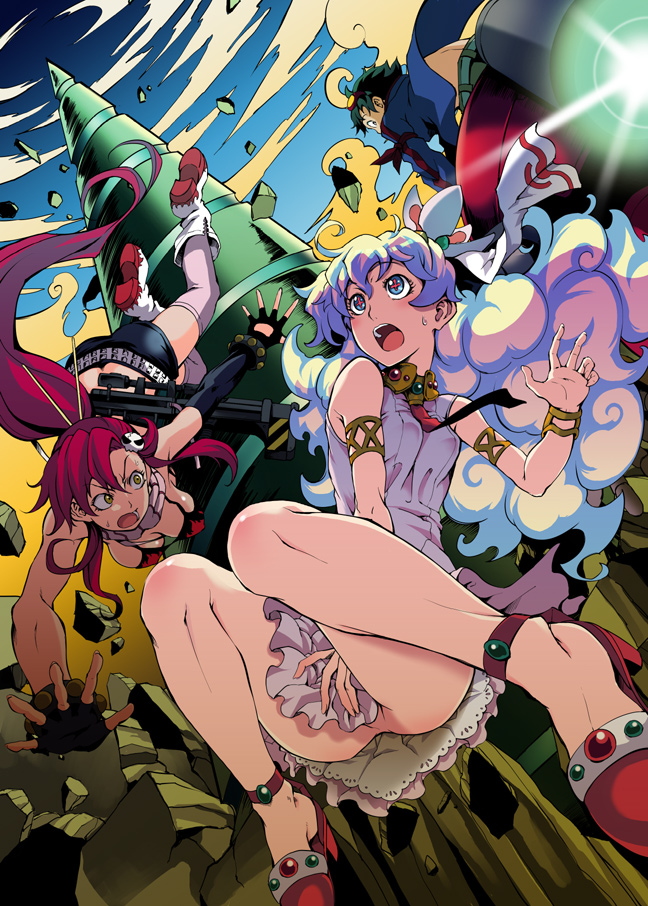 maybe, lagann, nia teppelin, simon (ttgl), yoko littner, tengen toppa gurren lagann, + +, 00s, 1boy, 2girls, bare legs, bracelet, breasts, covering crotch, covering privates, cross-shaped pupils, fingerless gloves, gloves, jewelry, large breasts, long hair, multicolored hair, multiple girls, no panties, ponytail, shoes, small breasts, symbol-shaped pupils, thighhighs, two-tone hair