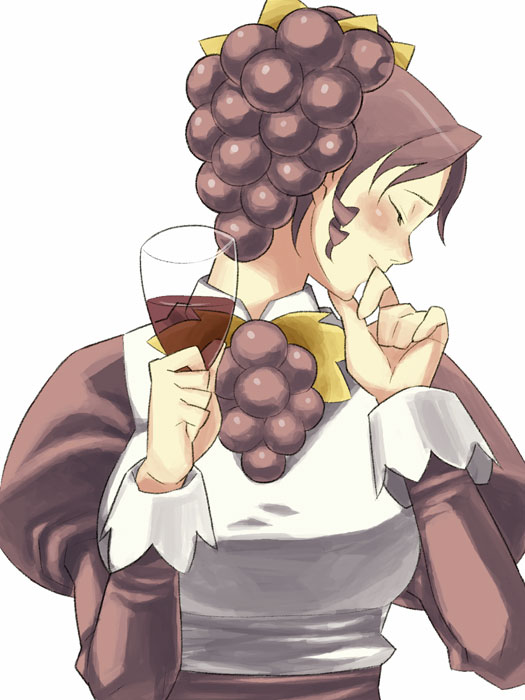 itsumo nokoru, archived source, 1girl, alcohol, apron, blush, breasts, closed eyes, collared apron, cup, drill hair, drill sidelocks, drinking glass, drunk, facing away, food-themed hair ornament, grape (red) (rainbow herb farm), grape hair ornament, grape ornament, hair ornament, hand on own chin, high collar, holding, holding cup, juliet sleeves, large breasts, light frown, long sleeves, personification, profile, puffy sleeves, purple hair, purple sash, purple sleeves, rainbow herb farm, sash, sidelocks, simple background, sleeve cuffs, solo, twintails, upper body, white apron, white background, white sleeve cuffs, wine, wine glass, wing collar, yellow leaves