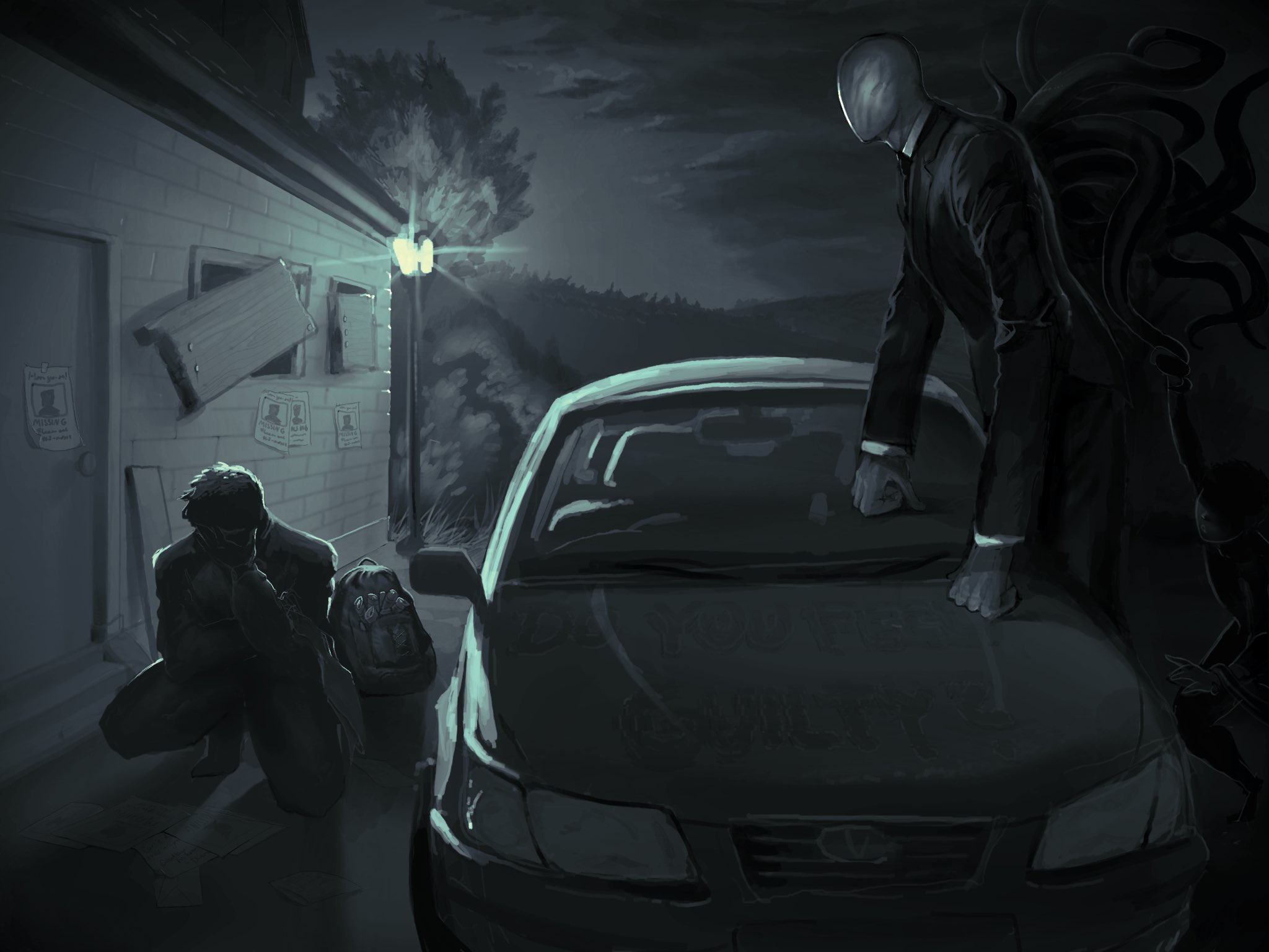 slender man, creepypasta, highres, backpack, bag, black gloves, black hair, black suit, boarded windows, car, charles matheson, clenched hand, covering face, dark, deftnm, dim lighting, faceless, forest, formal clothes, gloves, hand on own face, horror (theme), house, kneeling, lamppost, limited palette, motor vehicle, nature, night, short hair, suit, tentacles, tree, wanted poster