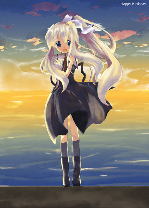 kamio misuzu, air (visual novel), 00s, 1girl, :d, black socks, blonde hair, blue eyes, boots, cloud, cross, dress, english text, evening, female focus, full body, grey socks, hair ribbon, happy birthday, kneehighs, latin cross, long hair, ocean, open mouth, outdoors, ponytail, ribbon, school uniform, sky, smile, socks, solo, standing, sunset, twilight, very long hair, wind