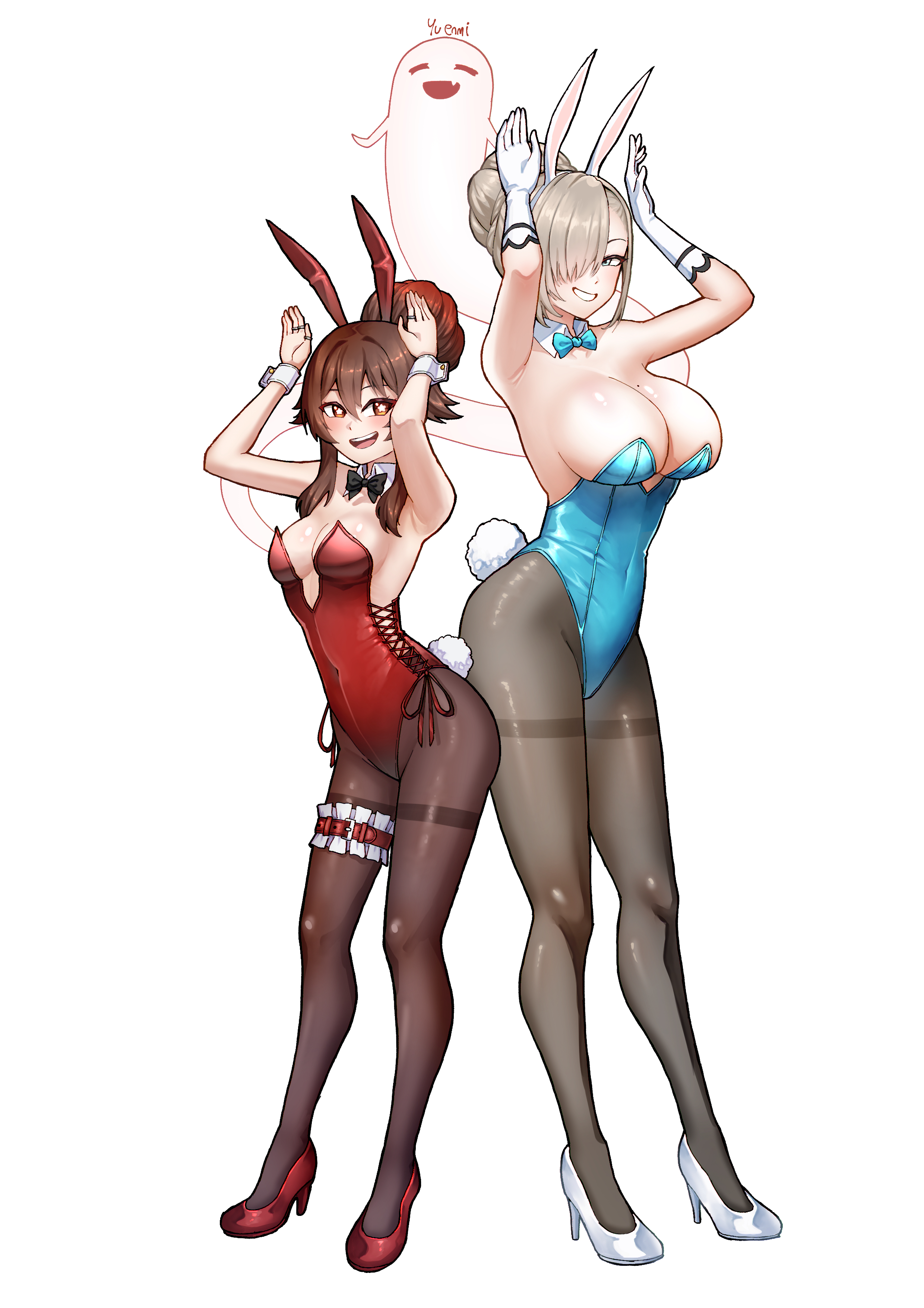you nf, asuna (blue archive), asuna (bunny) (blue archive), hu tao (genshin impact), blue archive, genshin impact, absurdres, commentary request, highres, partial commentary, animal ears, bare shoulders, black bow, black bowtie, blonde hair, blue bow, blue bowtie, blue eyes, blue leotard, blush, bow, bowtie, breasts, bright pupils, brown eyes, brown hair, cleavage, collarbone, covered navel, detached collar, fake animal ears, fake tail, gloves, gradient hair, grin, hair between eyes, hair over one eye, high heels, highleg, highleg leotard, huge hair bun, large breasts, leotard, long hair, looking at viewer, medium breasts, multicolored hair, no halo, open mouth, pantyhose, playboy bunny, rabbit ears, rabbit pose, rabbit tail, red hair, red leotard, red shoes, shoes, smile, strapless, strapless leotard, symbol-shaped pupils, tail, thigh strap, thighband pantyhose, white gloves, white pupils, white shoes, wrist cuffs