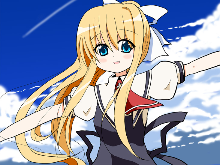 sks (artist), kamio misuzu, air (visual novel), 00s, 1girl, :d, black dress, blonde hair, blue eyes, blue sky, blush, bow, cloud, contrail, cross, day, dress, female focus, hair bow, long hair, looking at viewer, necktie, open mouth, outstretched arms, parted lips, ponytail, red necktie, school uniform, sky, smile, solo, square-end necktie, upper body, very long hair