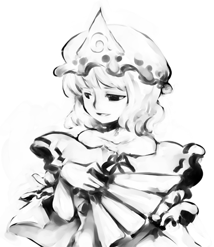sakuraba yuuki, saigyouji yuyuko, touhou, lowres, 1girl, female focus, greyscale, hat, monochrome, solo