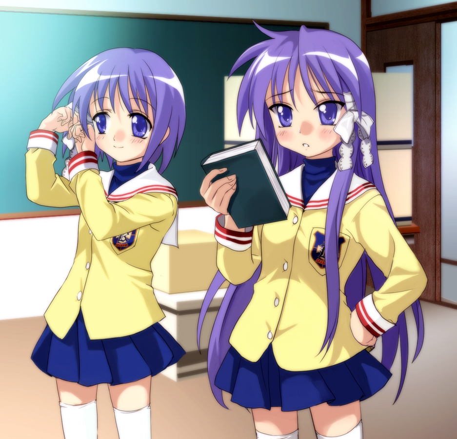 mutsuki (moonknives), fujibayashi kyou, fujibayashi ryou, hiiragi kagami, hiiragi tsukasa, clannad, key (company), kyoto animation, lucky star, 2girls, book, company connection, cosplay, crossover, fujibayashi kyou (cosplay), fujibayashi ryou (cosplay), long hair, look-alike, multiple girls, purple hair, school uniform, serafuku, short hair, siblings, sisters, thighhighs, twins