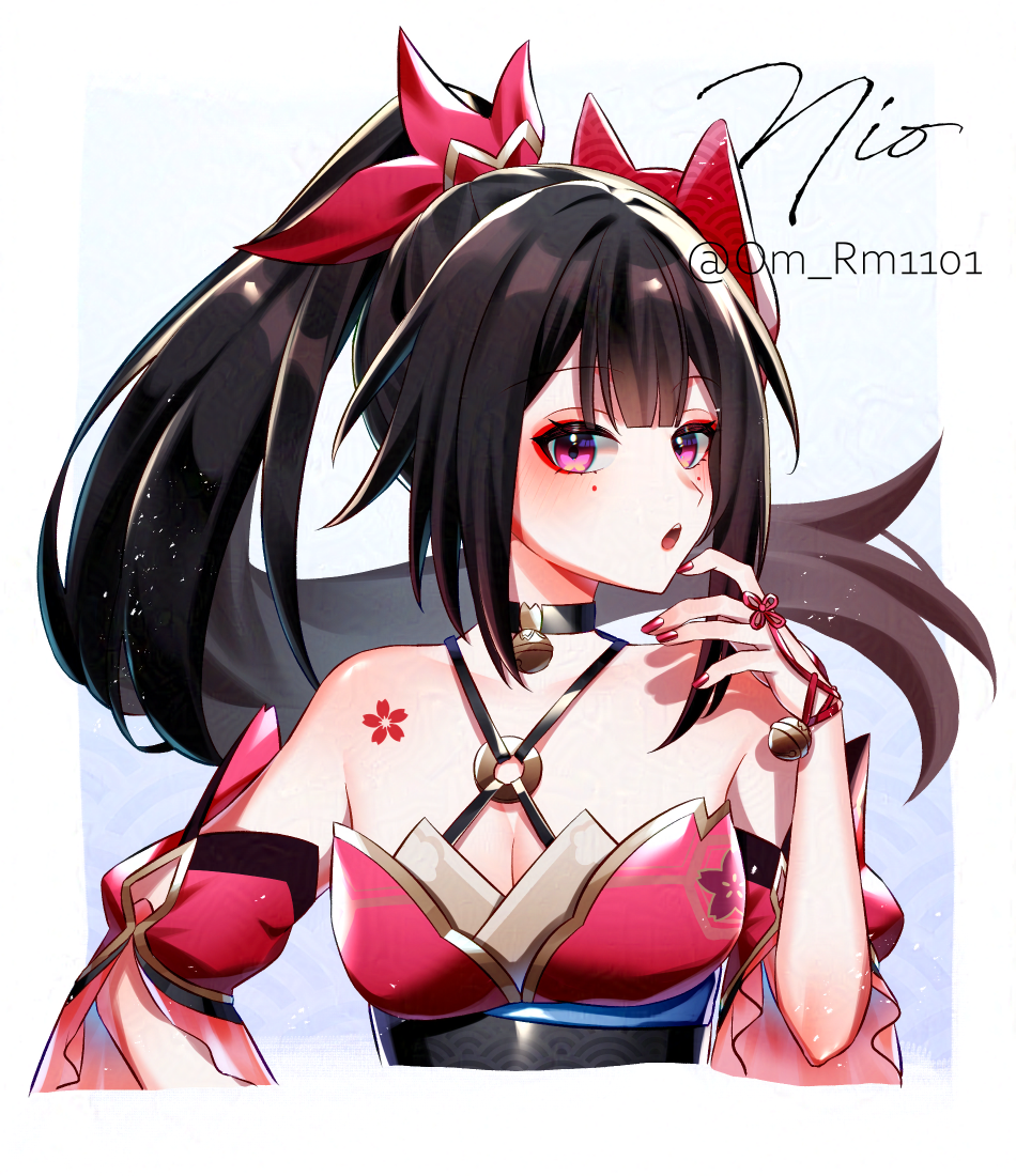 om rm1101, sparkle (honkai: star rail), honkai: star rail, honkai (series), commentary, 1girl, black hair, breasts, cleavage, dress, facial mark, long hair, medium breasts, open mouth, ponytail, purple eyes, red dress, sleeveless, sleeveless dress, solo, teeth, upper body, upper teeth only