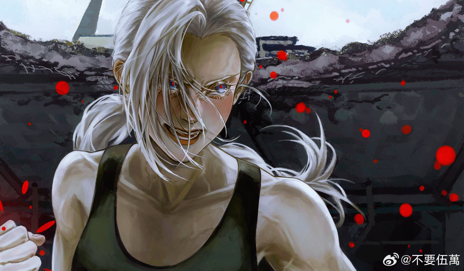 luo xiaohei zhanji, highres, 1girl, black tank top, blue eyes, blush, grey hair, long hair, luye (the legend of luoxiaohei), parted lips, ponytail, red pupils, solo, tank top, weibo 5494783848
