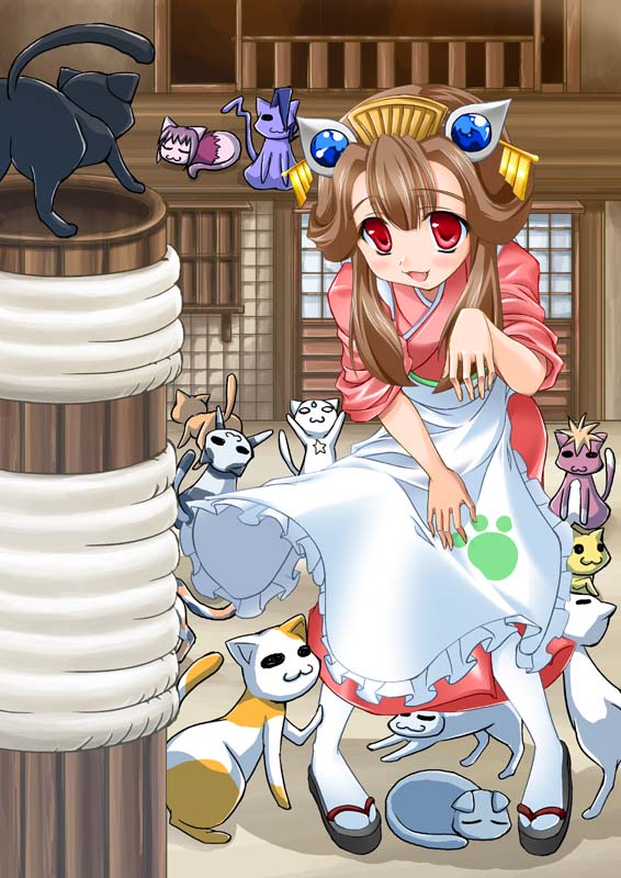 maho (yakimorokoshi), mashuu (masyu), oedo rocket, ooedo rocket, 00s, 2girls, :3, apron, brown hair, cat, headdress, japanese clothes, kimono, multiple girls, paw print, red eyes, tabi, too many, too many cats