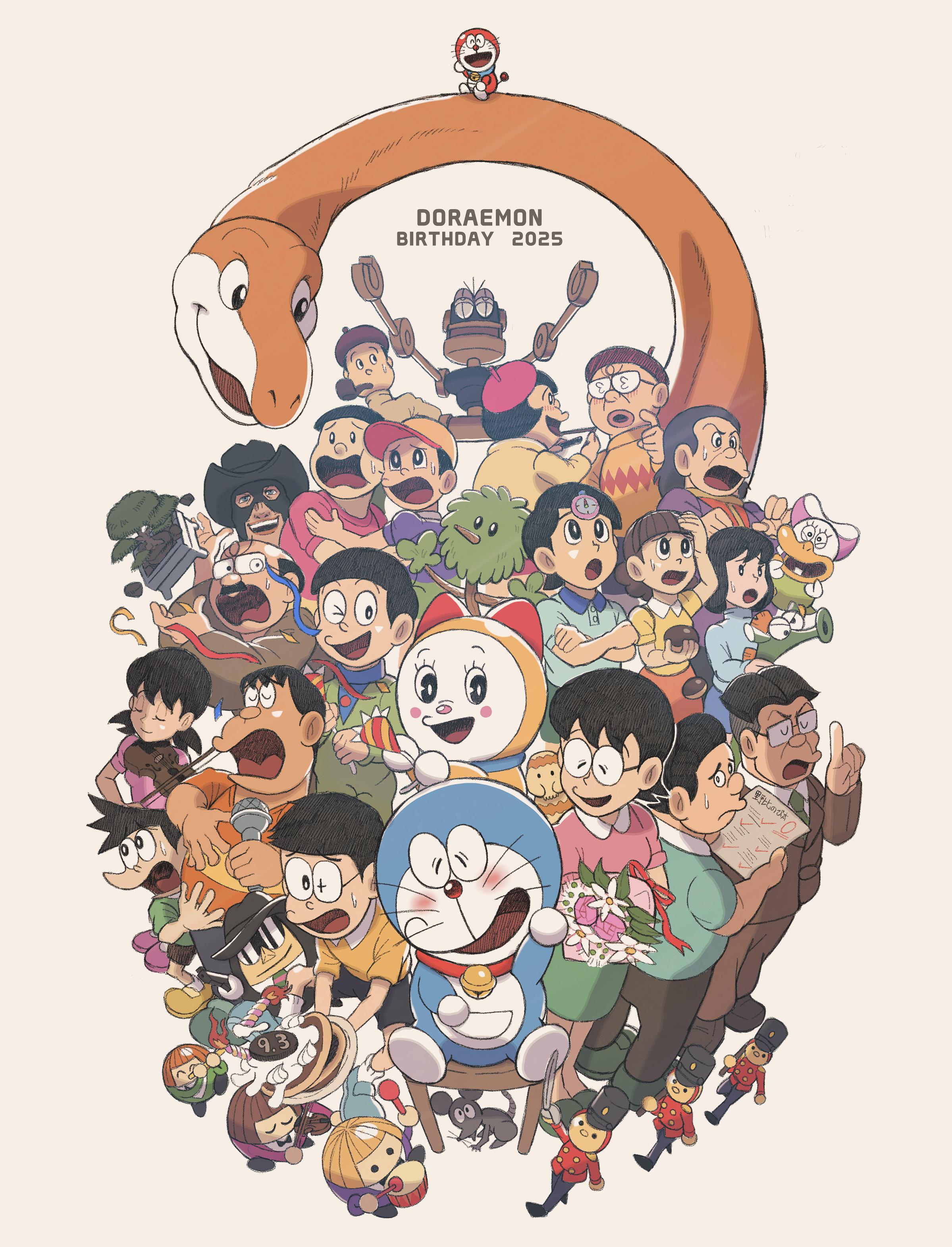 dekisugi hidetoshi, doraemon (character), dorami, gouda jaiko, gouda takeshi, honekawa suneo, minamoto shizuka, mini dora, nakamura (doraemon), nobi nobisuke, nobi nobita, nobi sewashi, nobi tamako, pisuke (doraemon), sensei (doraemon), tachibana (doraemon), doraemon, doraemon: nobita no kyouryuu, absurdres, character request, commentary request, copyright request, highres, 6+boys, bell, beret, black hair, blush, bonsai, bouquet, bow, bow (music), bowtie, brown hair, candle, confetti, cowboy hat, crossed arms, dinosaur, drum, drumsticks, everyone, facial hair, flower, food, glasses, green necktie, green shoes, hat, holding, holding bouquet, holding bow (music), holding drumsticks, holding microphone, holding party popper, holding sword, holding weapon, instrument, microphone, multiple boys, mustache, neck bell, necktie, one eye closed, open mouth, party popper, pink shoes, robot, shoes, smile, smoking pipe, sunglasses, sword, weapon, white flower, yellow shoes, zonozonozone