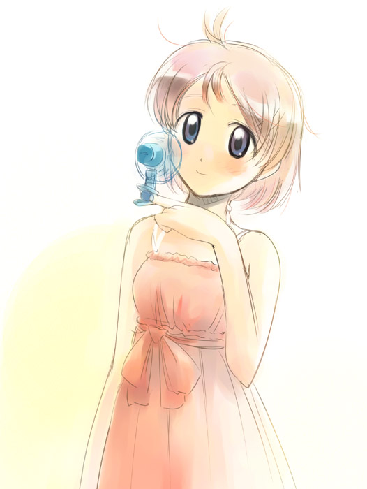 ikeda jun (mizutamari), clip, 1girl, blue eyes, blush, dress, electric fan, fanning face, fanning self, female focus, hand fan, head tilt, holding, holding fan, multicolored hair, smile, solo, wind