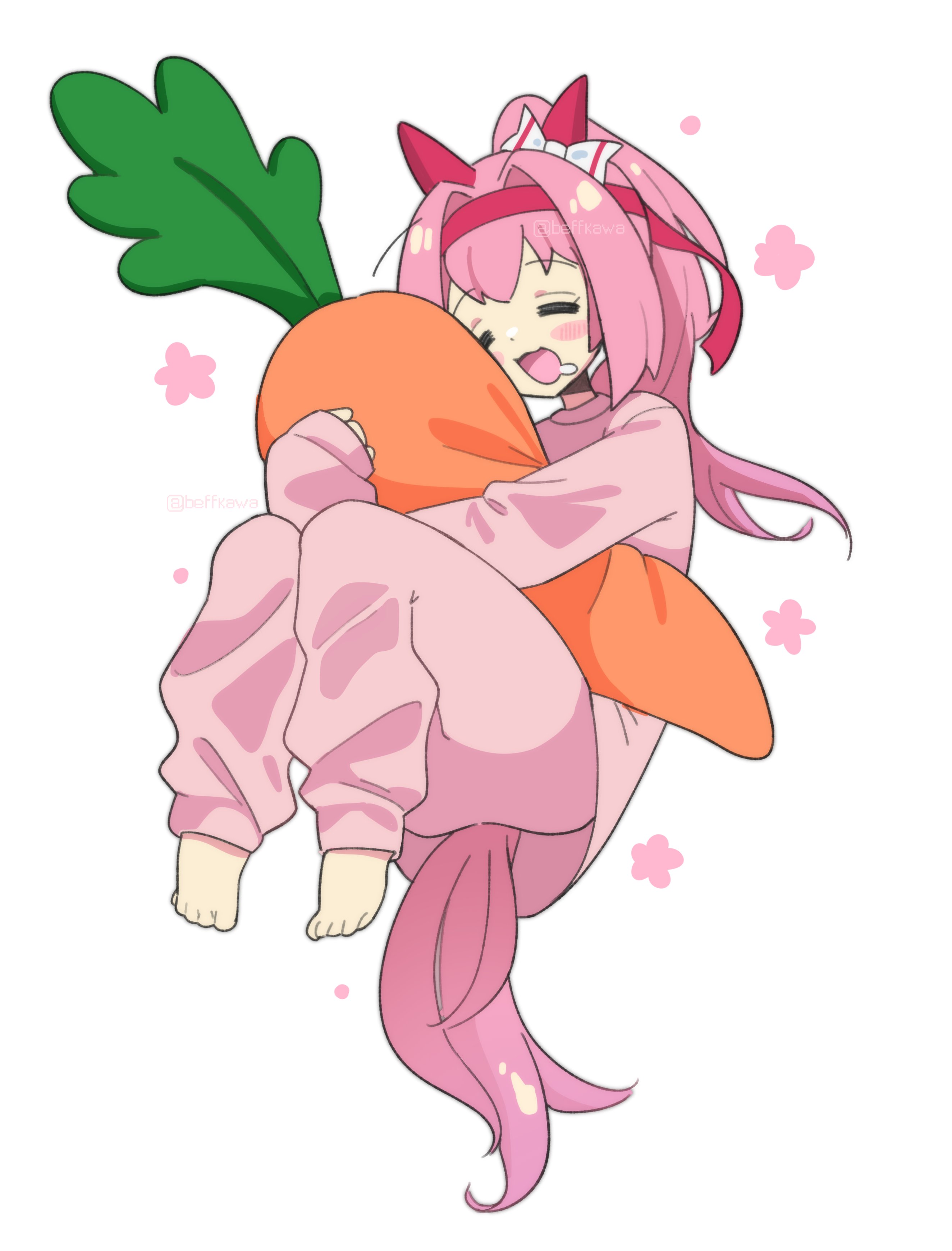 beffkawa, haru urara (umamusume), umamusume, absurdres, highres, 1girl, animal ears, blush, bow, carrot, carrot-shaped pillow, closed eyes, ear bow, ear covers, hairband, headband, holding, holding stuffed toy, horse ears, horse girl, horse tail, hugging object, long hair, looking at viewer, open mouth, pajamas, pants, pink hair, pink headband, pink pajamas, pink pants, pink shirt, ponytail, red headband, saliva, shirt, simple background, smile, solo, stuffed carrot, stuffed toy, tail