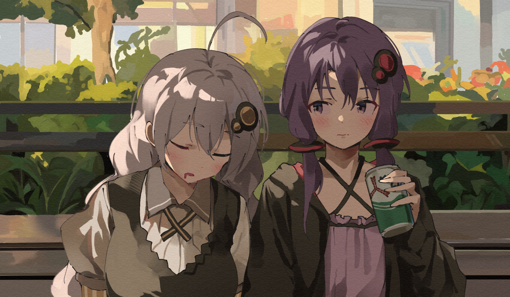lamb (hitsujiniku), kizuna akari, yuzuki yukari, vocaloid, voiceroid, commentary request, highres, 2girls, ahoge, black dress, black jacket, blush, braid, breasts, building, can, closed eyes, closed mouth, collared shirt, criss-cross halter, day, dress, drooling, grey hair, hair between eyes, hair ornament, halterneck, hand up, holding, holding can, hood, hood down, hooded jacket, jacket, large breasts, long hair, low twintails, mouth drool, multiple girls, on bench, outdoors, parted lips, puffy short sleeves, puffy sleeves, purple dress, purple eyes, purple hair, shirt, short sleeves, sitting, sleeping, sleeping upright, sleeveless, sleeveless dress, tree, twin braids, twintails, very long hair, white shirt