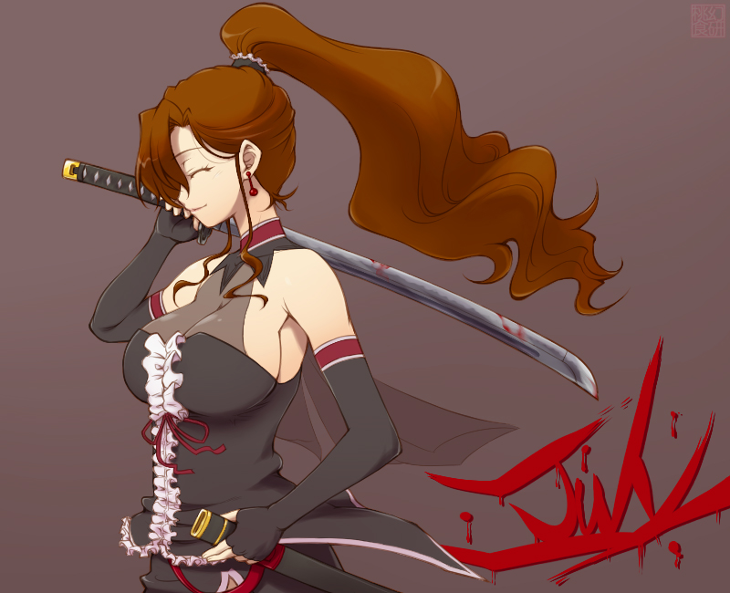 hairu, july (coyote ragtime show), coyote ragtime show, 00s, 1girl, bare shoulders, blood, breasts, brown hair, earrings, elbow gloves, female focus, fingerless gloves, gloves, huge breasts, jewelry, katana, large breasts, long hair, ponytail, profile, solo, sword, weapon