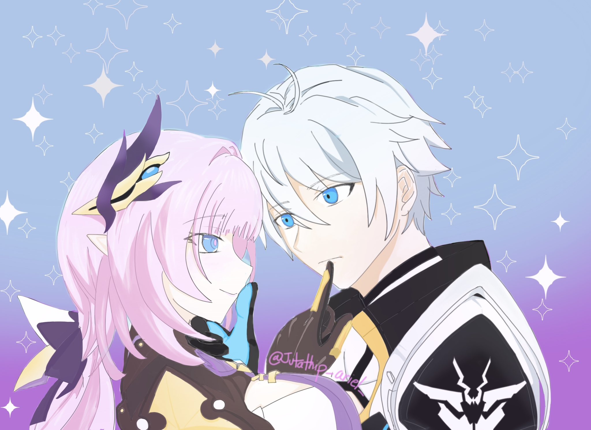 elysia (honkai impact), elysia (miss pink elf) (honkai impact), kevin kaslana, honkai (series), honkai impact 3rd, hashtag-only commentary, highres, 1boy, 1girl, ahoge, black coat, black gloves, blue eyes, breasts, coat, corset, elf, gloves, hair ornament, hetero, jutathip ariel, large breasts, long hair, looking at another, pink hair, pointy ears, short hair, smile, star (symbol), star symbol background, twitter username, two-tone background, very long hair, white corset, white hair