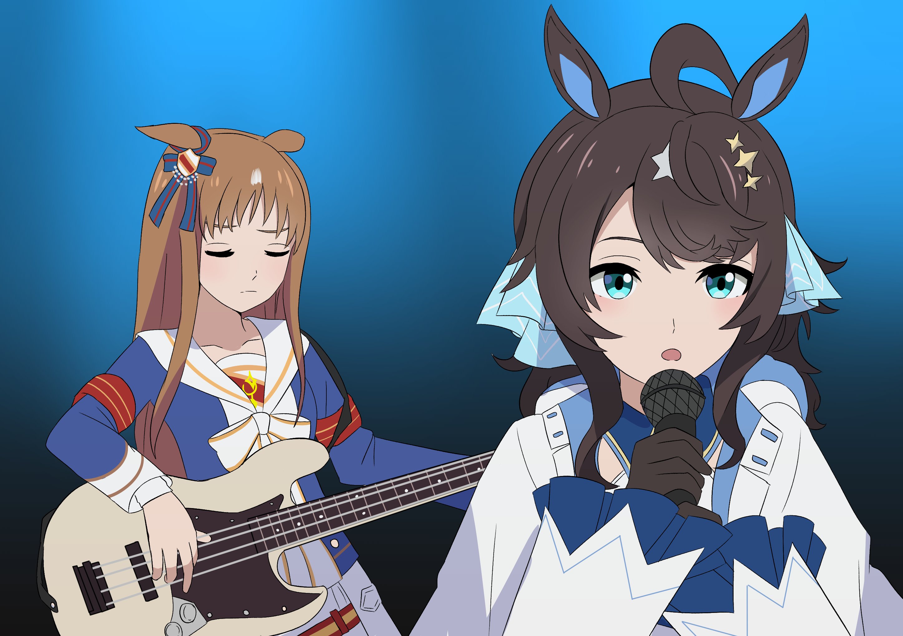 rienz, daring tact (umamusume), grass wonder (umamusume), nagasaki soyo, takamatsu tomori, bang dream!, bang dream! it's mygo!!!!!, umamusume, commentary, english commentary, highres, 2girls, ahoge, animal ears, bass guitar, black gloves, black hair, blue background, blue eyes, blue ribbon, blue shirt, bow, brown hair, closed eyes, closed mouth, ear ornament, ear ribbon, gloves, hair between eyes, hair ornament, hair ribbon, holding, holding bass guitar, holding instrument, holding microphone, horse ears, horse girl, instrument, jacket, long hair, long sleeves, microphone, multicolored hair, multiple girls, music, open mouth, parted bangs, playing instrument, ribbon, sailor collar, shirt, sidelocks, singing, standing, star (symbol), star hair ornament, swept bangs, trait connection, upper body, white hair, white jacket, white sailor collar, youmiya hina