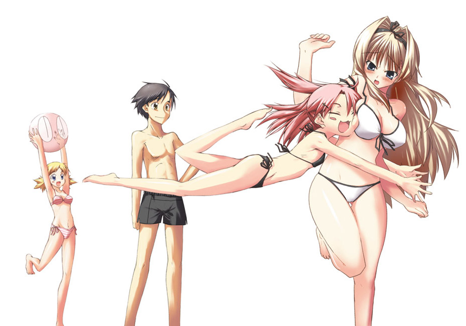 yu-ta, kusugawa sasara, maaryan (to heart), sasamori karin, to heart (series), to heart 2, 00s, 3girls, :3, armpits, arms up, ball, barefoot, beachball, bikini, black hair, blonde hair, blue eyes, blush, breast press, breasts, cleavage, closed eyes, flat chest, front-tie top, hair ornament, hair ribbon, hairclip, hug, large breasts, leg lift, long hair, multiple girls, pink hair, ribbon, ribs, side-tie bikini bottom, small breasts, striped bikini, striped clothes, swimsuit, thigh gap, thighs, white bikini, yellow eyes