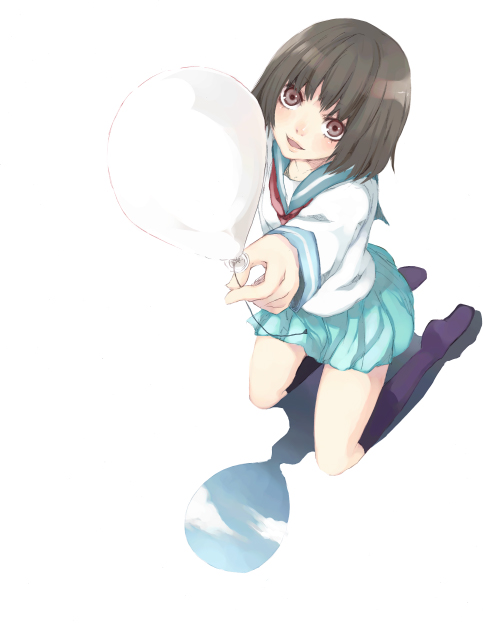 itou nanami, original, 1girl, balloon, black socks, blue sailor collar, blue skirt, brown hair, female focus, full body, kneehighs, looking at viewer, necktie, outstretched arms, pleated skirt, purple eyes, red ribbon, ribbon, sailor collar, school uniform, serafuku, simple background, skirt, socks, solo, white background